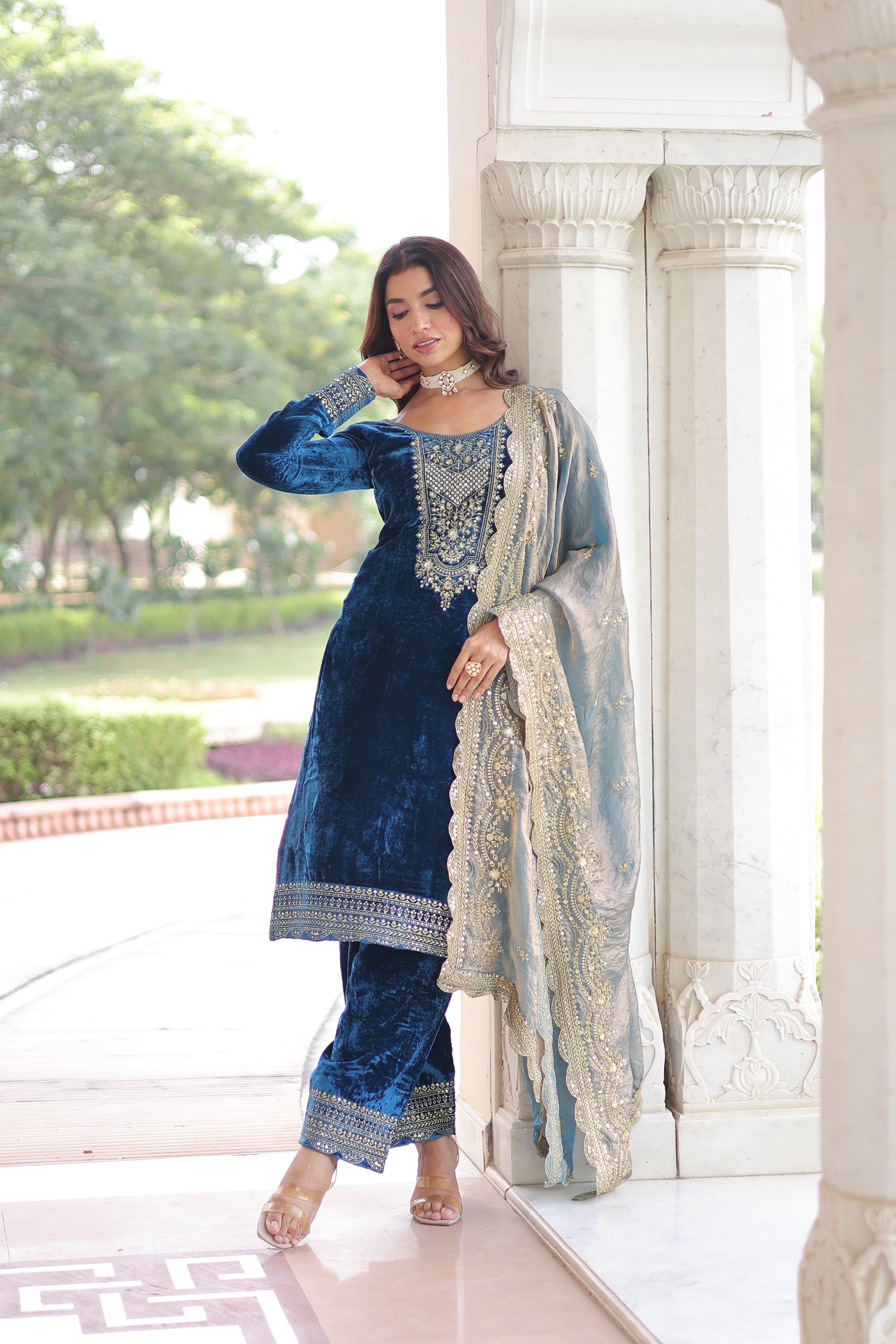 Velvet Sequins Embroidered Festive Salwar Kameez for Women