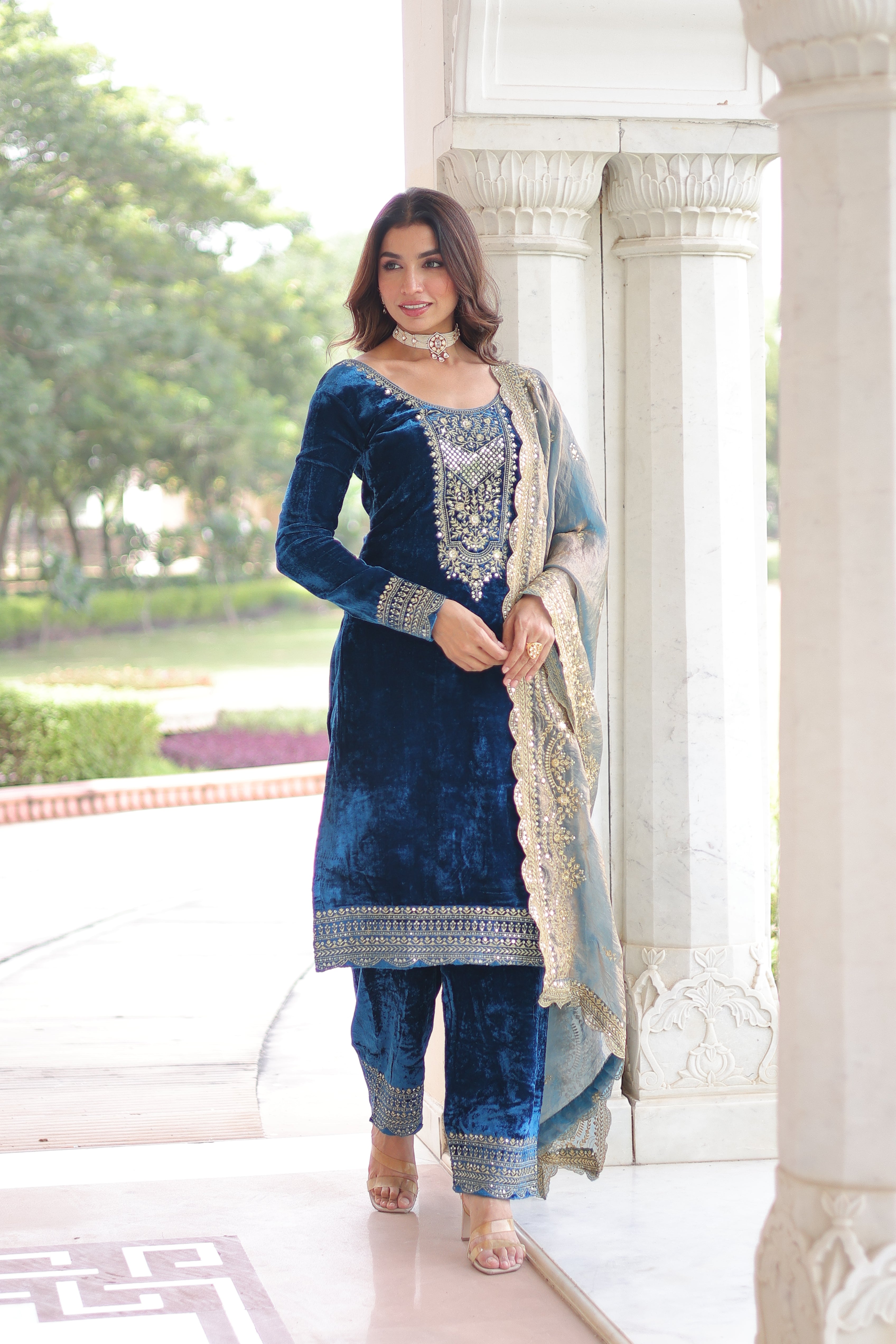 Velvet Sequins Embroidered Festive Salwar Kameez for Women