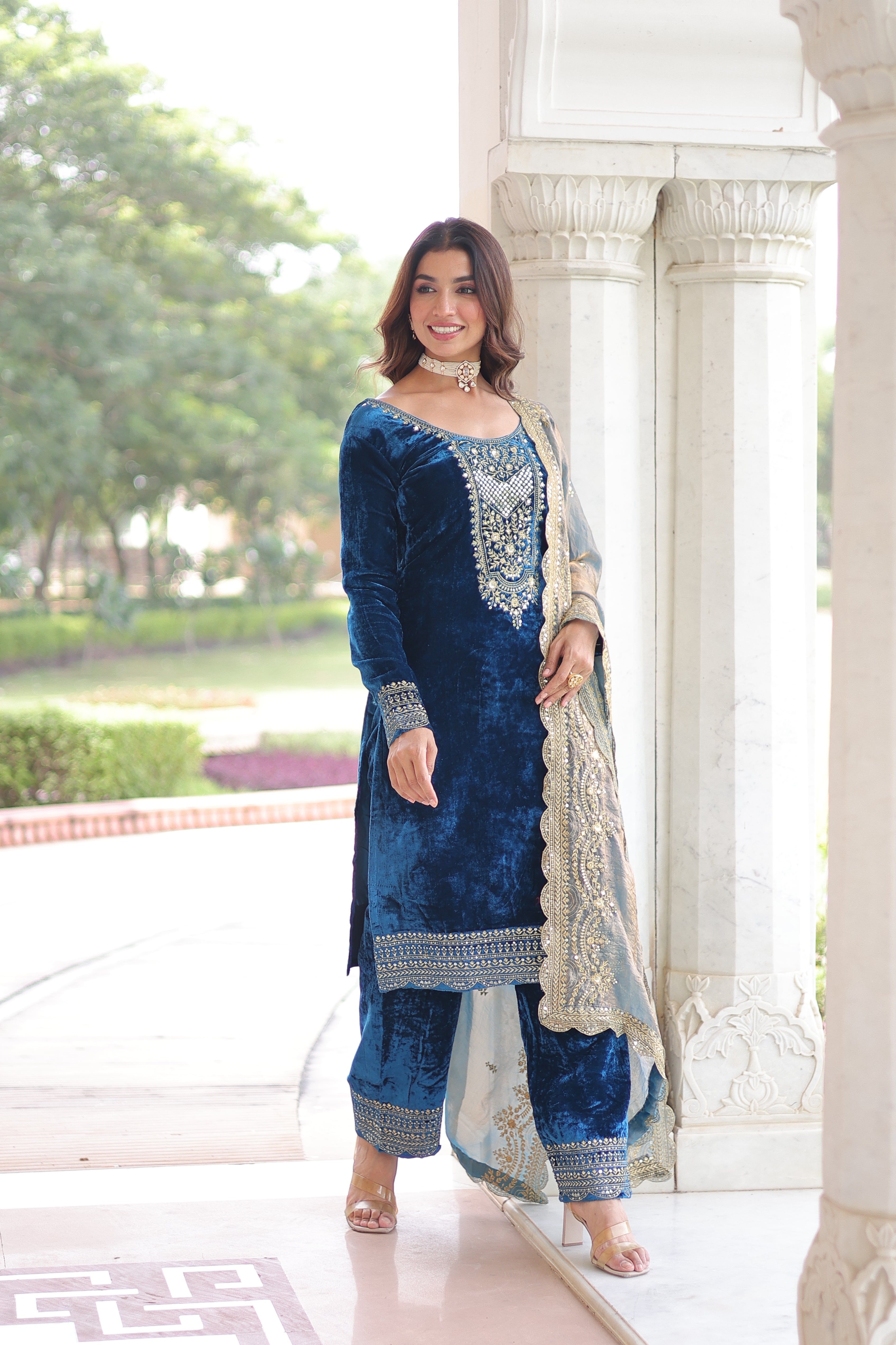 Velvet Sequins Embroidered Festive Salwar Kameez for Women