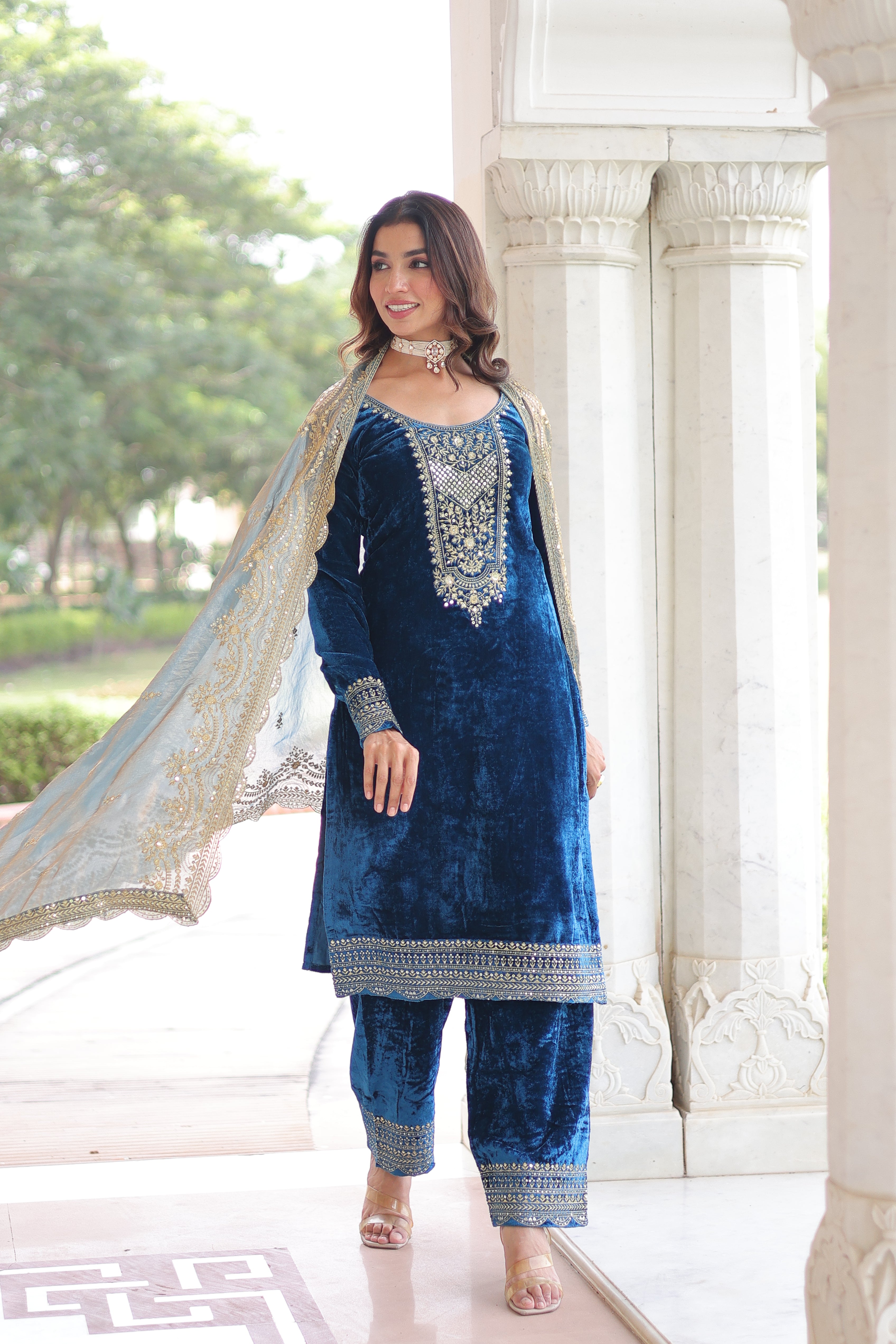 Velvet Sequins Embroidered Festive Salwar Kameez for Women