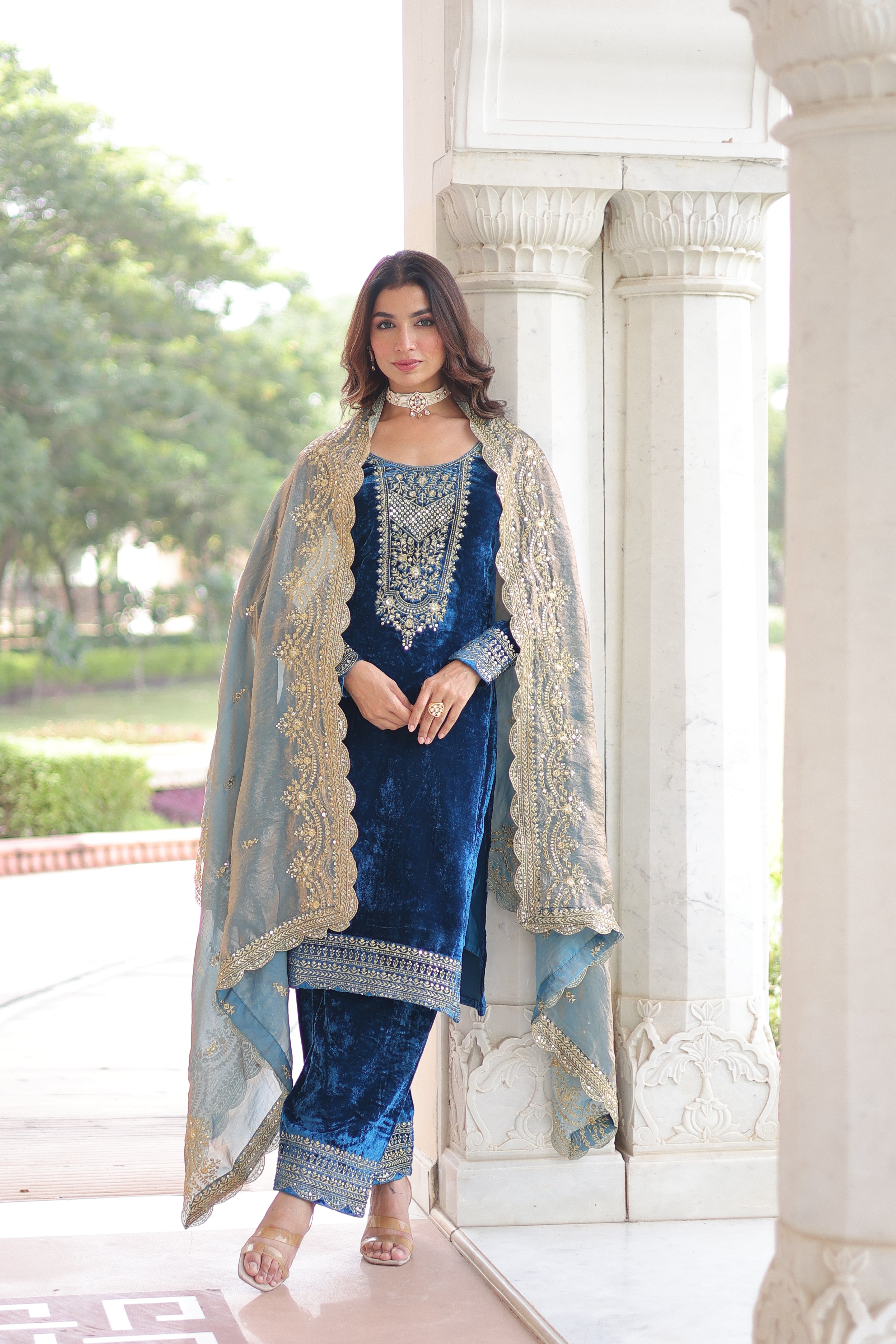 Velvet Sequins Embroidered Festive Salwar Kameez for Women