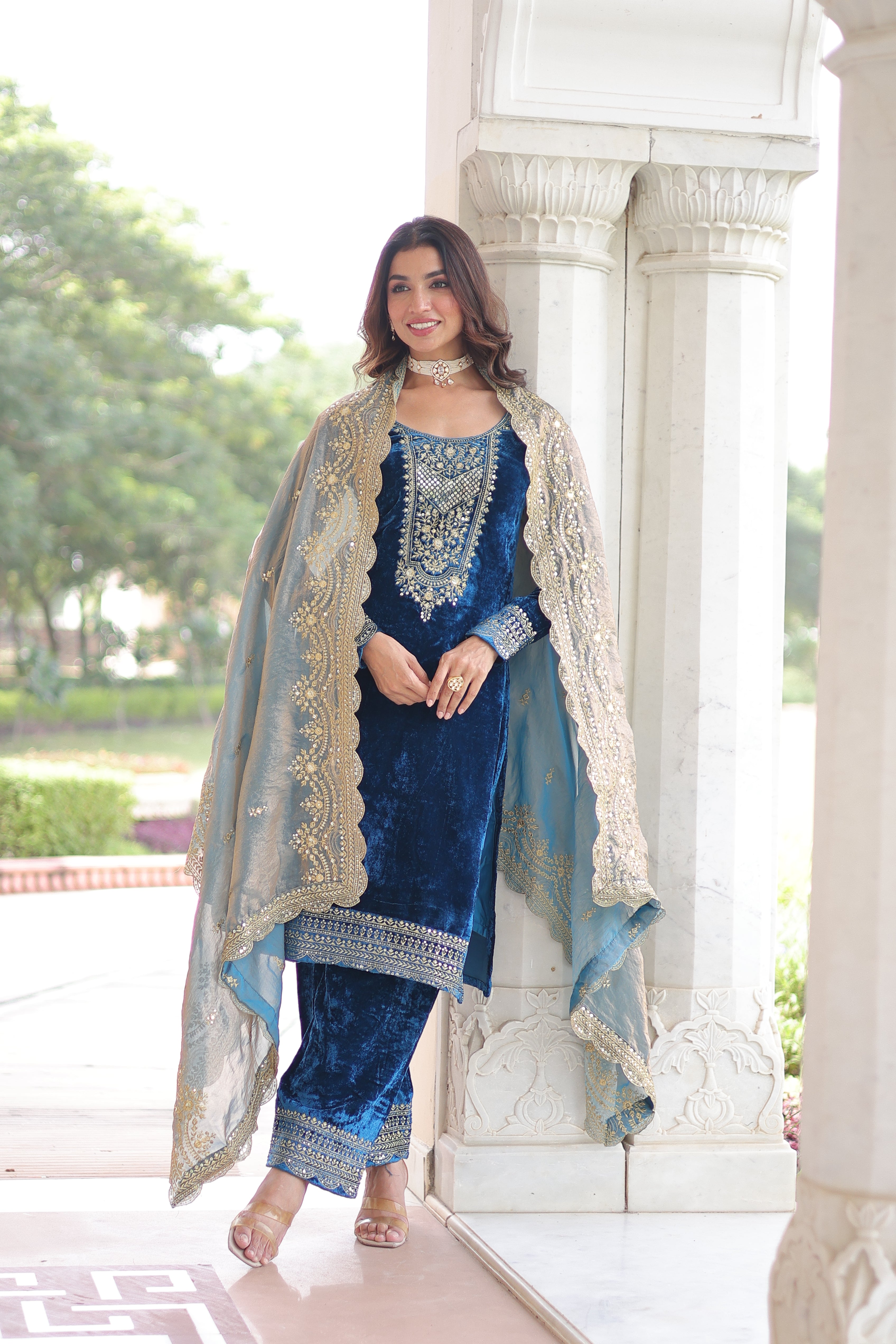 Velvet Sequins Embroidered Festive Salwar Kameez for Women
