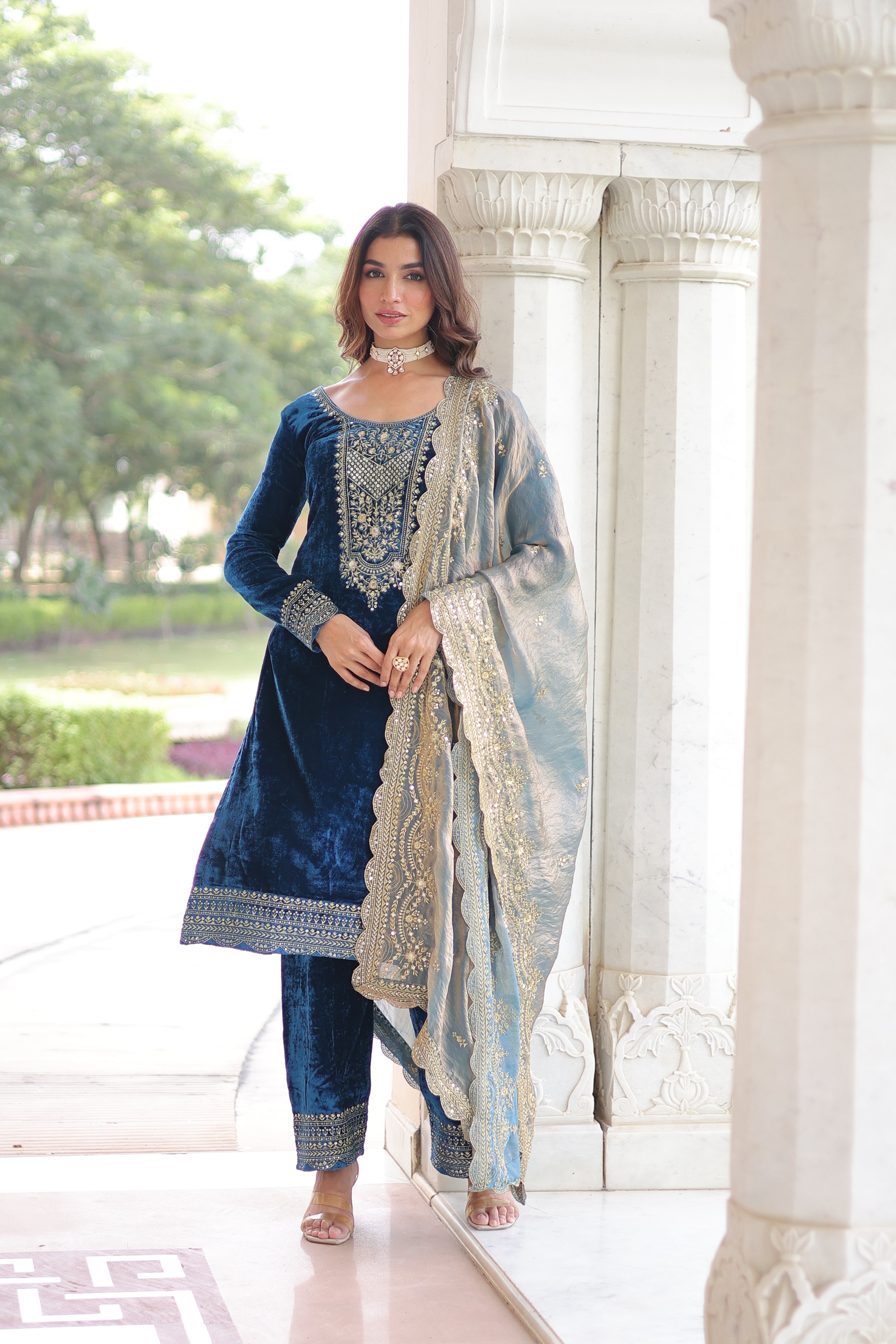Velvet Sequins Embroidered Festive Salwar Kameez for Women