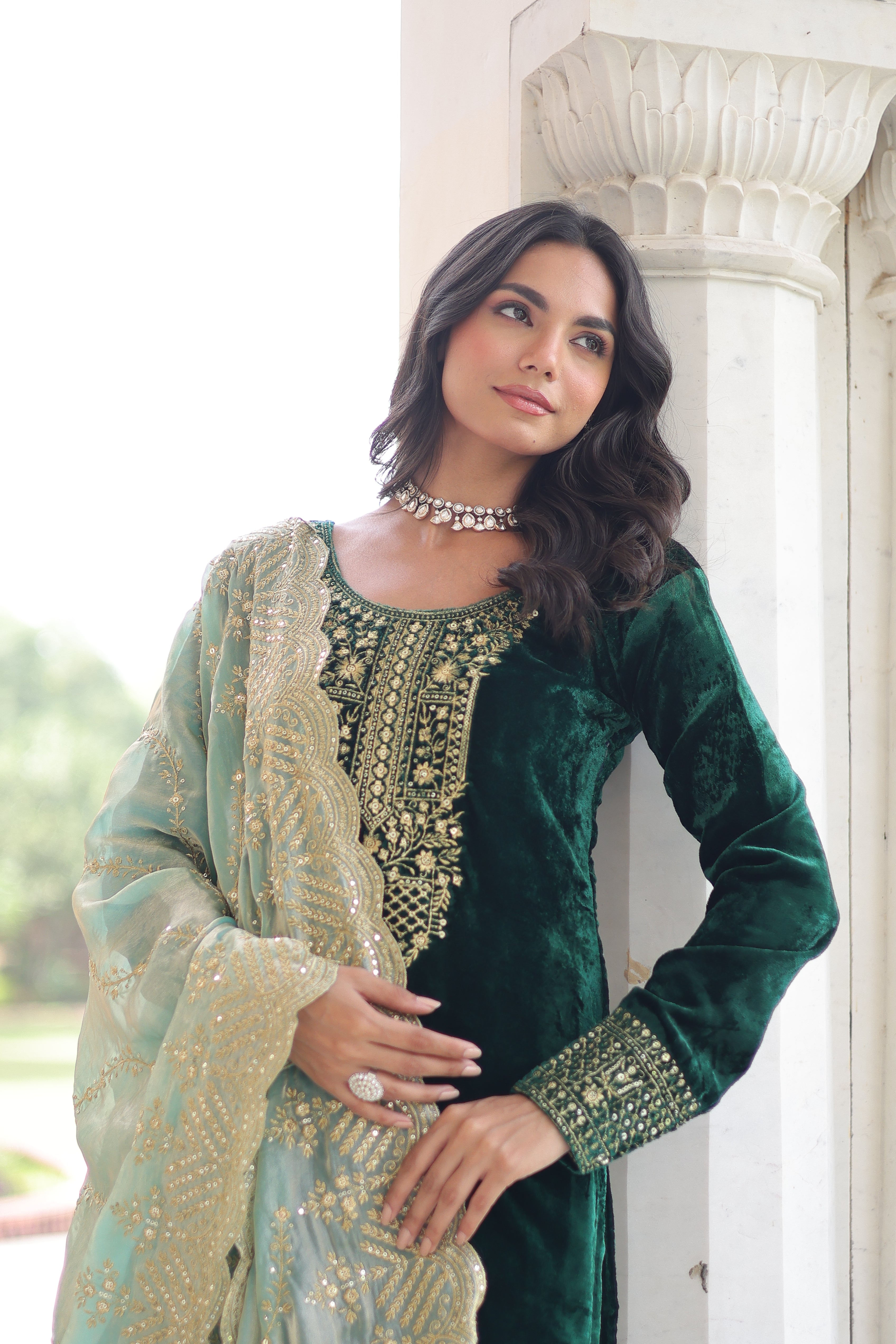 Velvet Sequins Embroidered Festive Salwar Kameez for Women