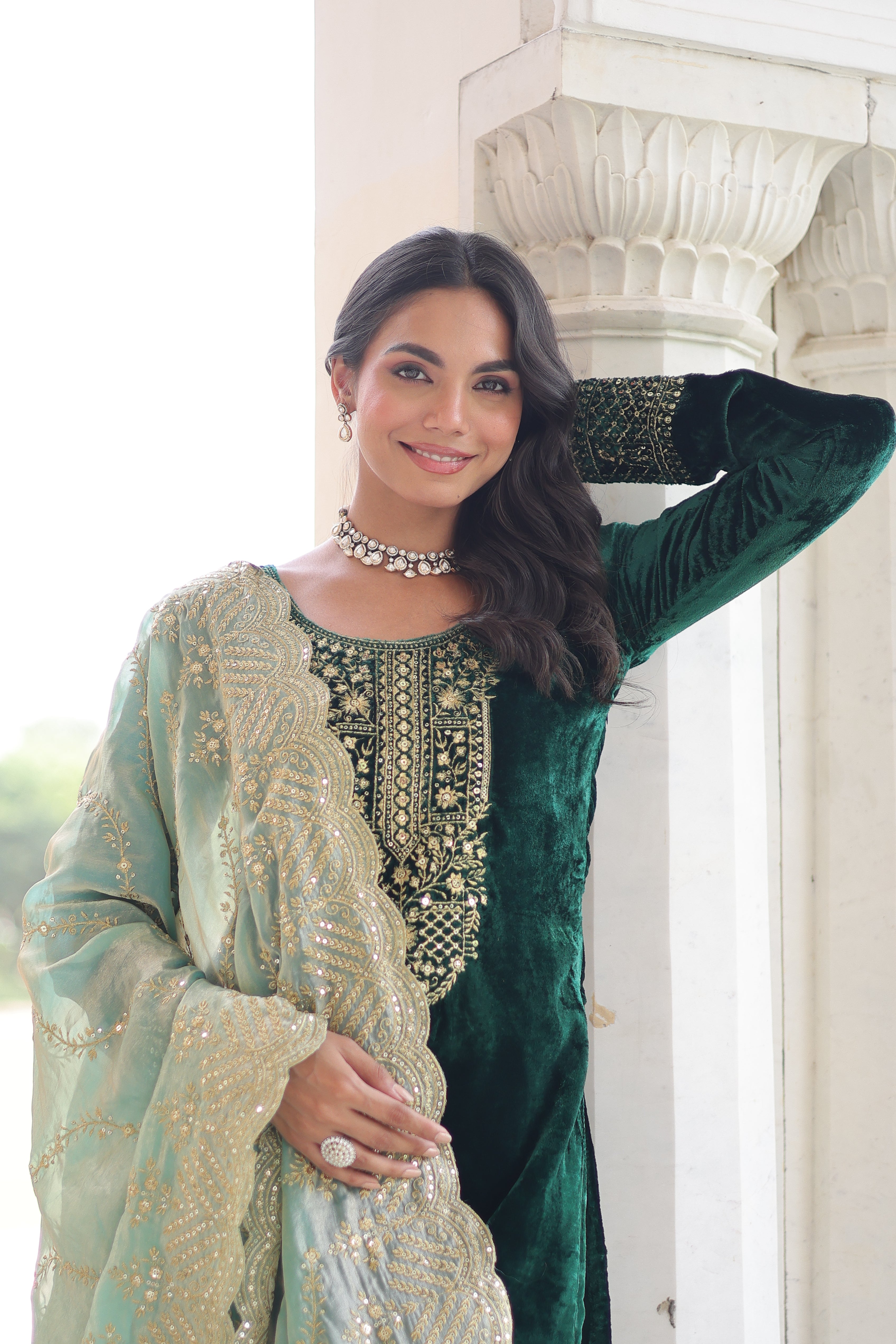 Velvet Sequins Embroidered Festive Salwar Kameez for Women