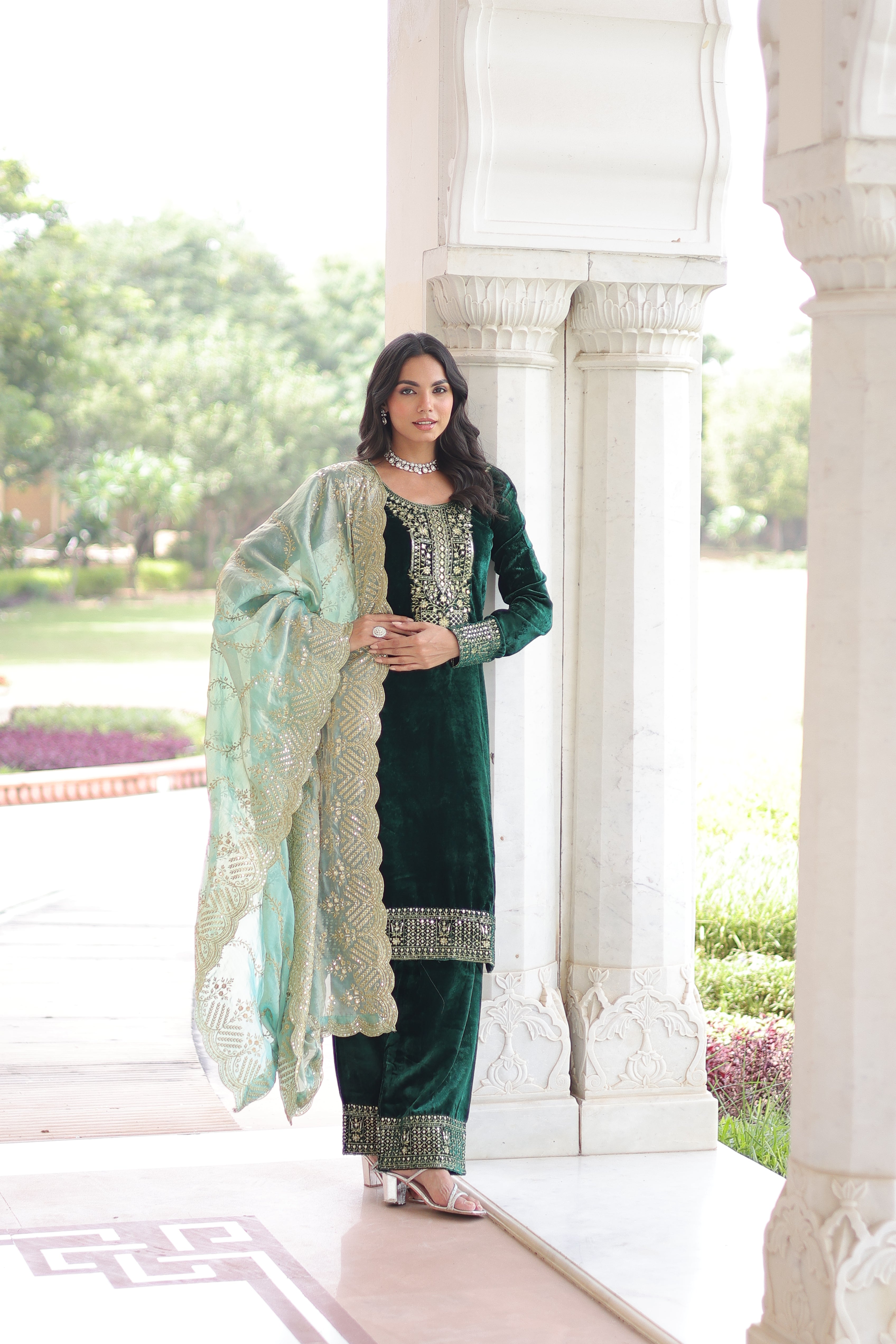 Velvet Sequins Embroidered Festive Salwar Kameez for Women