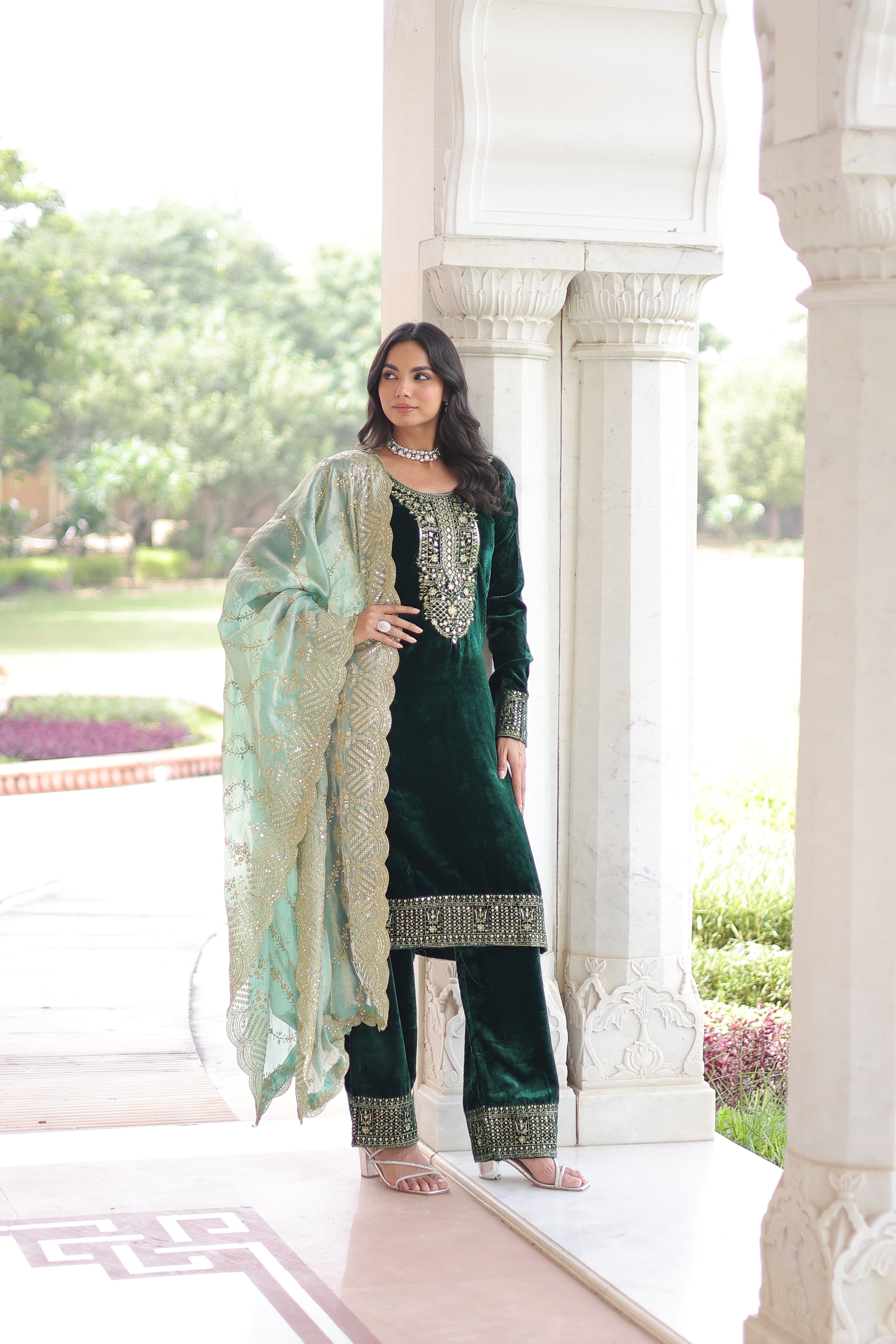 Velvet Sequins Embroidered Festive Salwar Kameez for Women