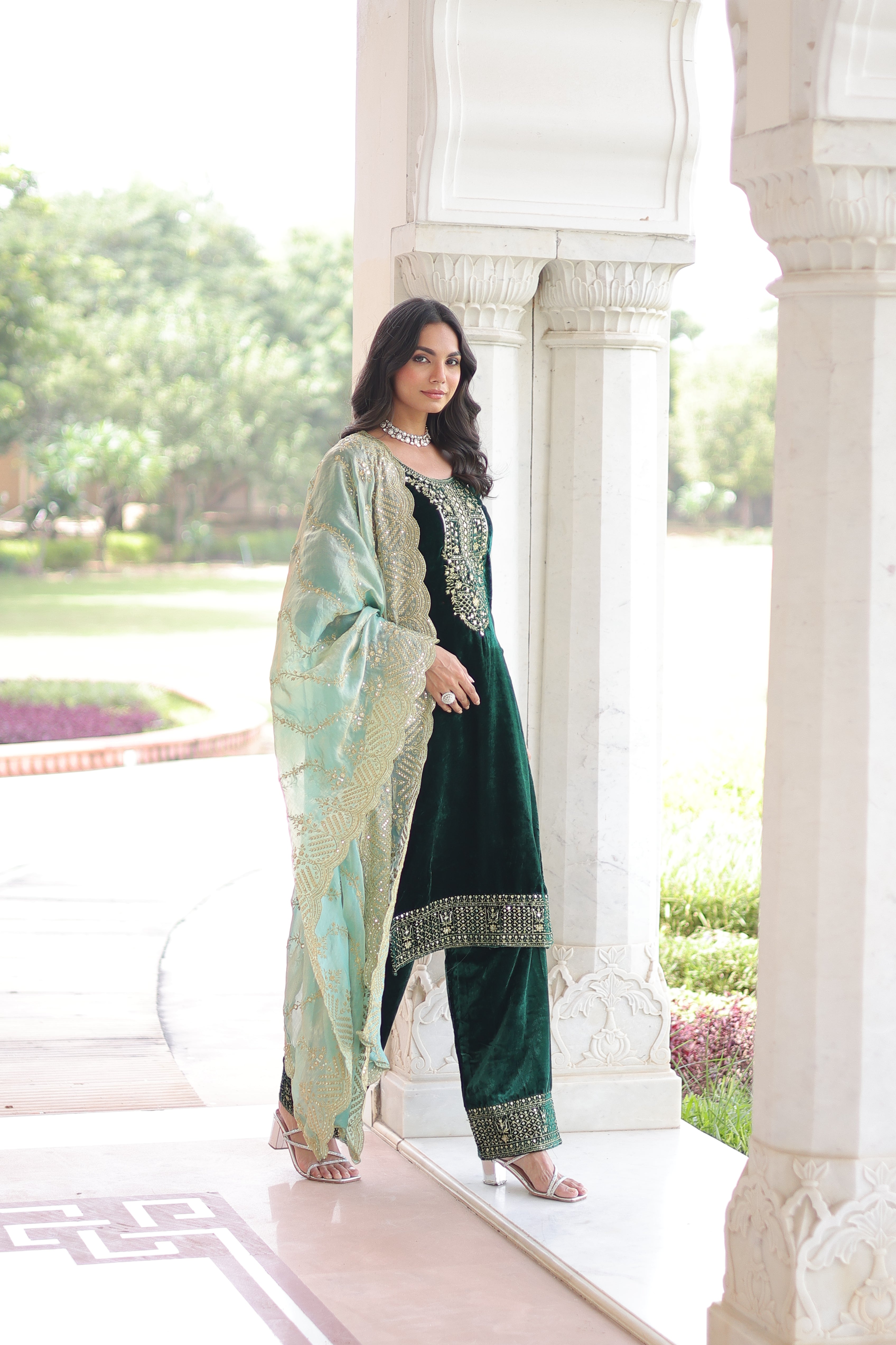 Velvet Sequins Embroidered Festive Salwar Kameez for Women