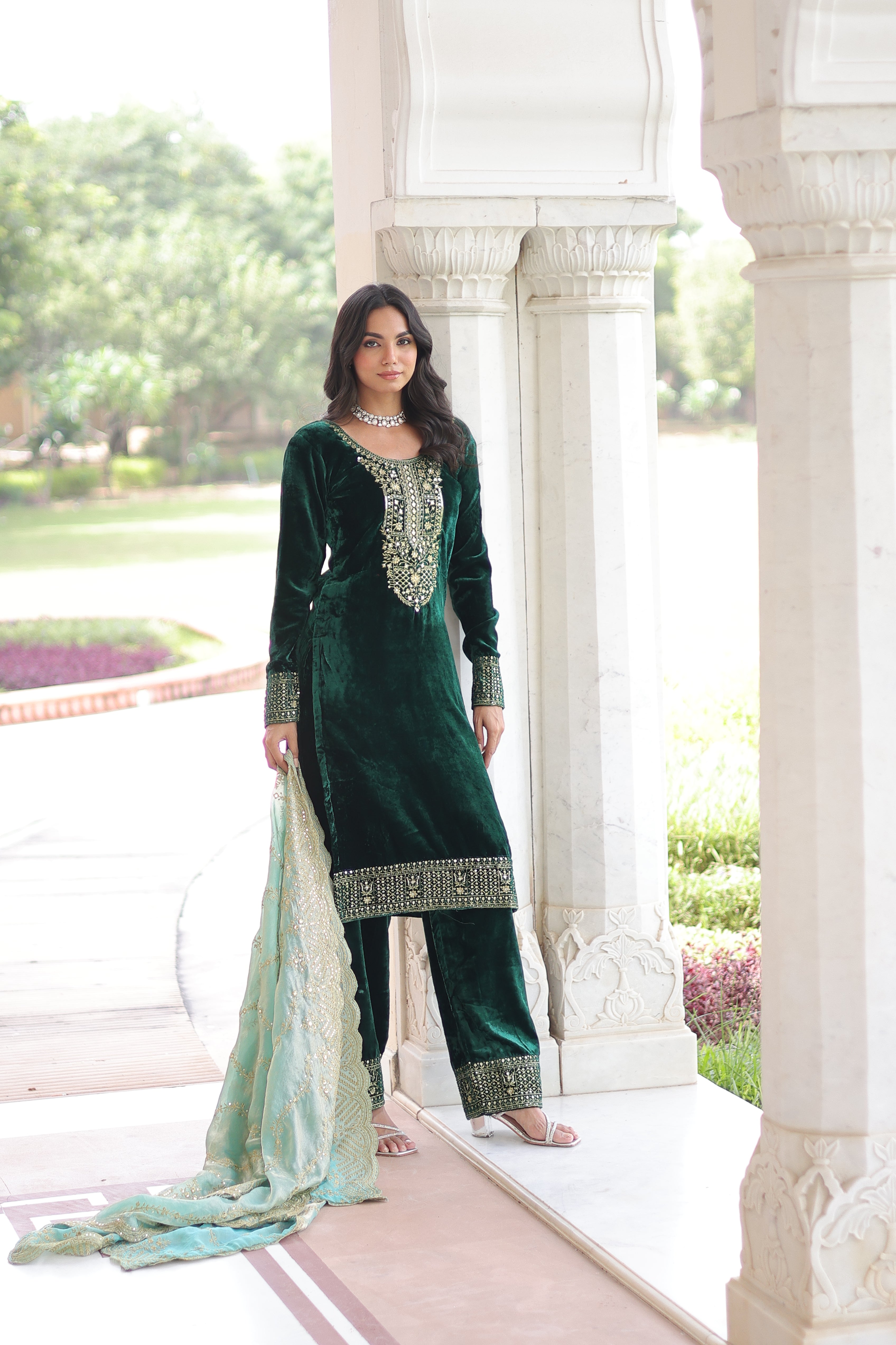 Velvet Sequins Embroidered Festive Salwar Kameez for Women