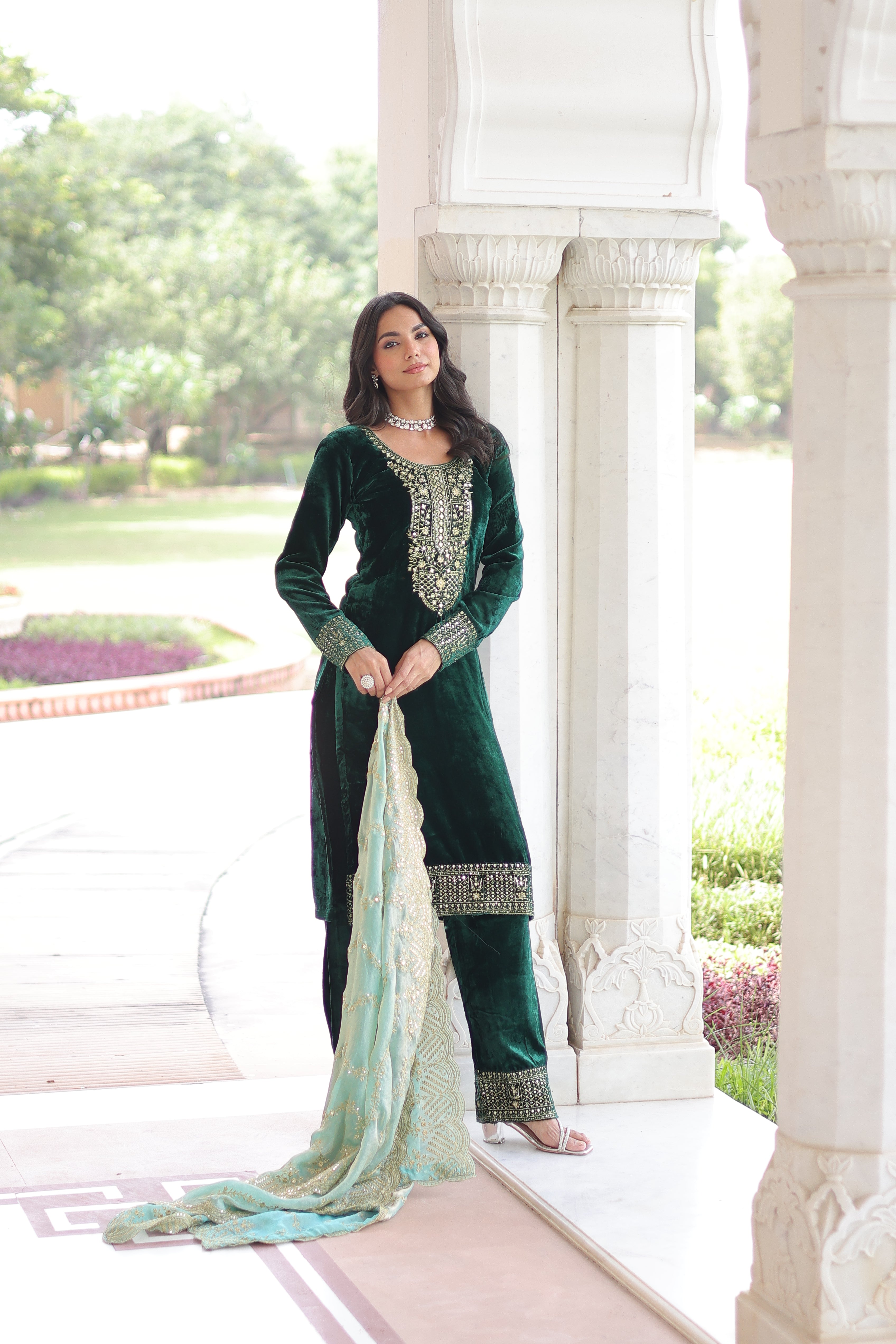 Velvet Sequins Embroidered Festive Salwar Kameez for Women