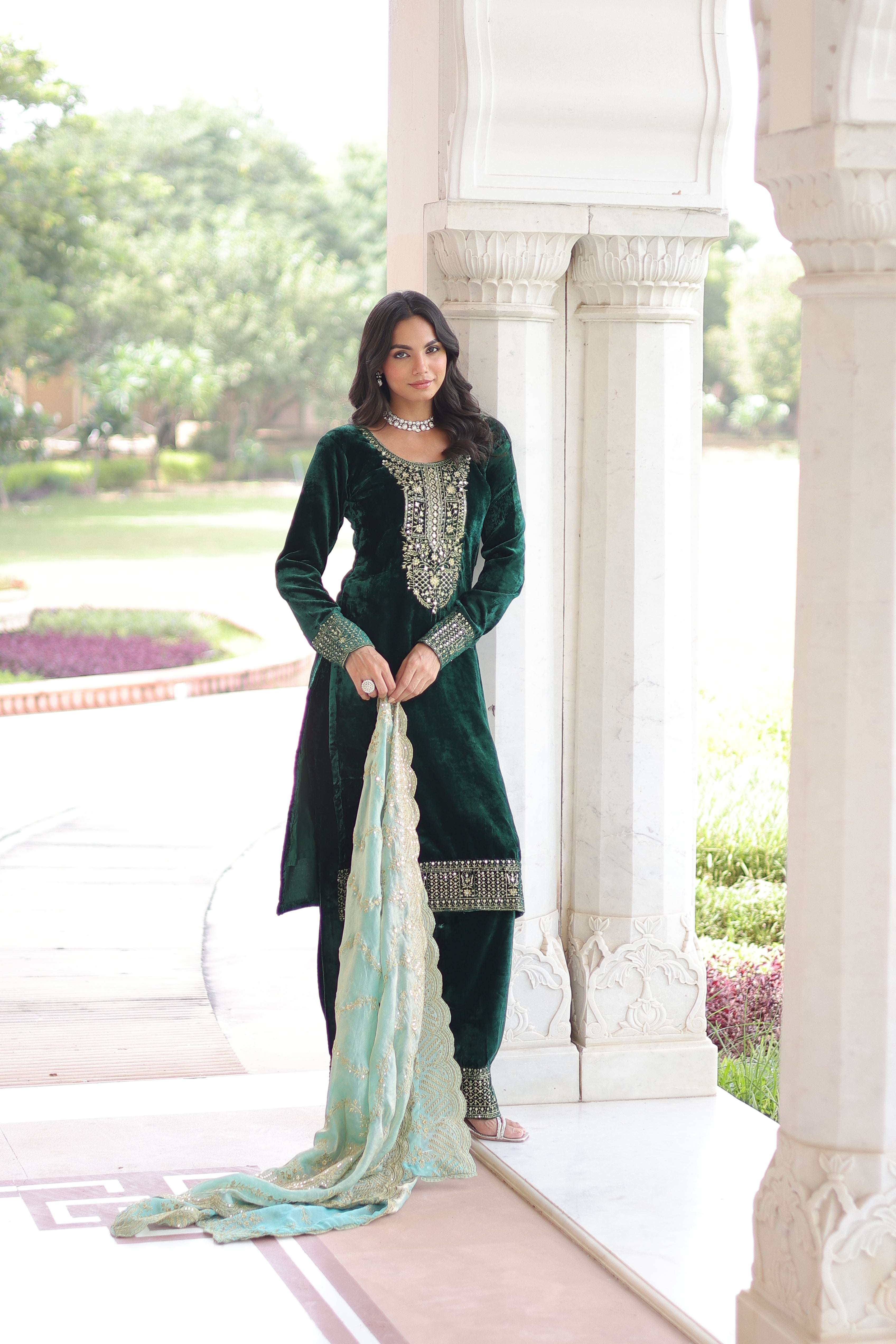 Velvet Sequins Embroidered Festive Salwar Kameez for Women