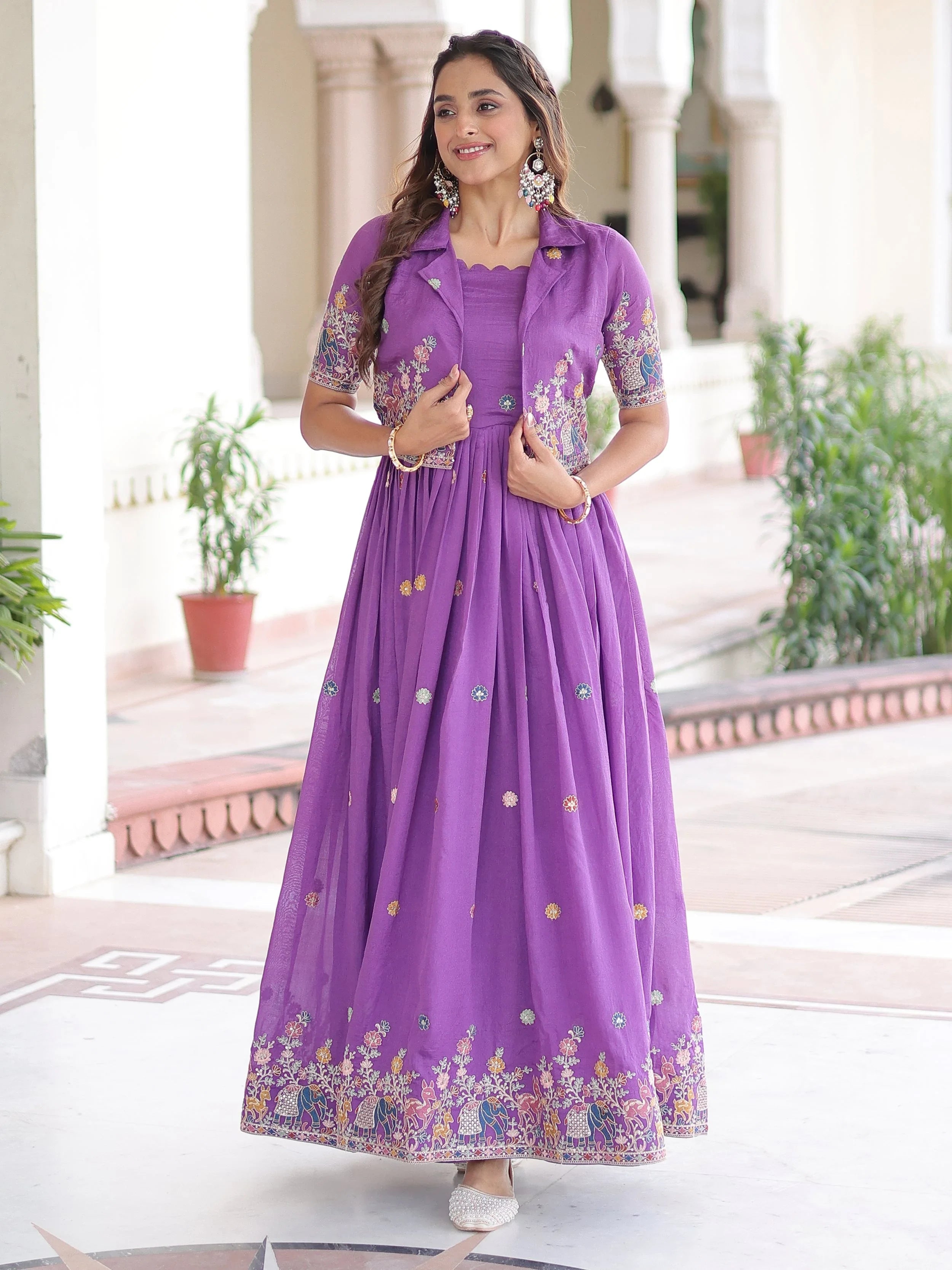 Purple Silk Embroidered Function Wear Gown With Koti