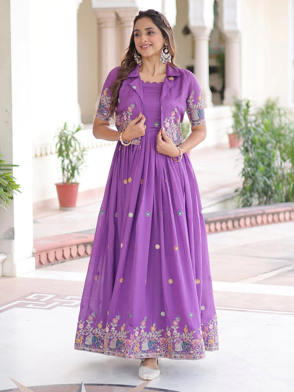 Purple Silk Embroidered Function Wear Gown With Koti