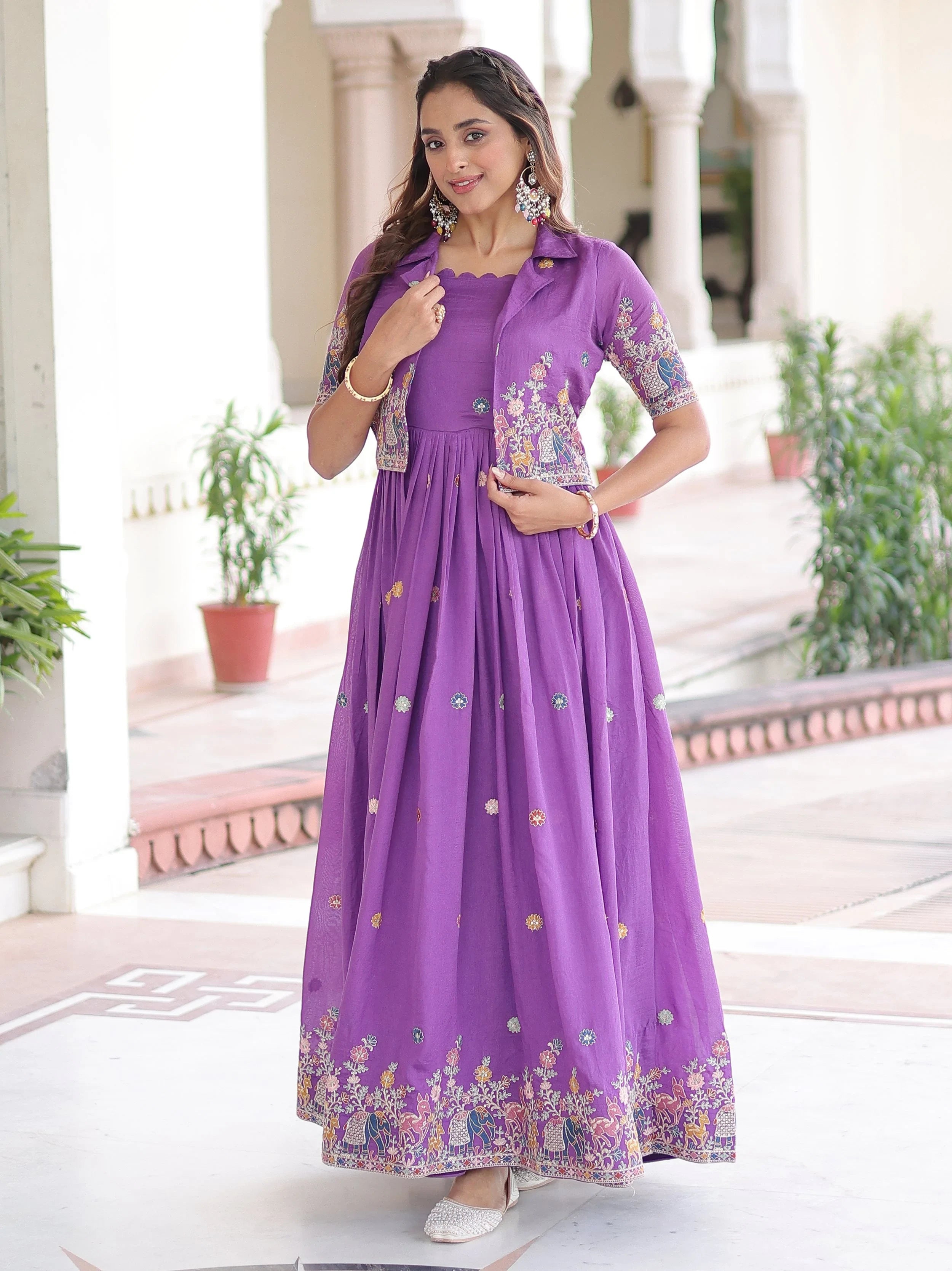 Purple Silk Embroidered Function Wear Gown With Koti