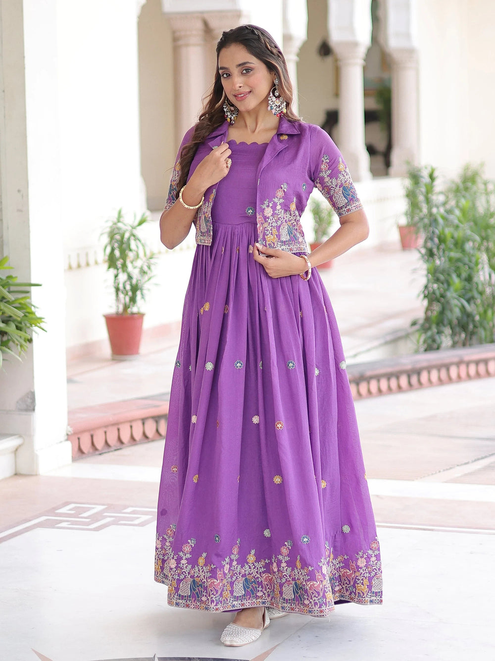 Purple Silk Embroidered Function Wear Gown With Koti