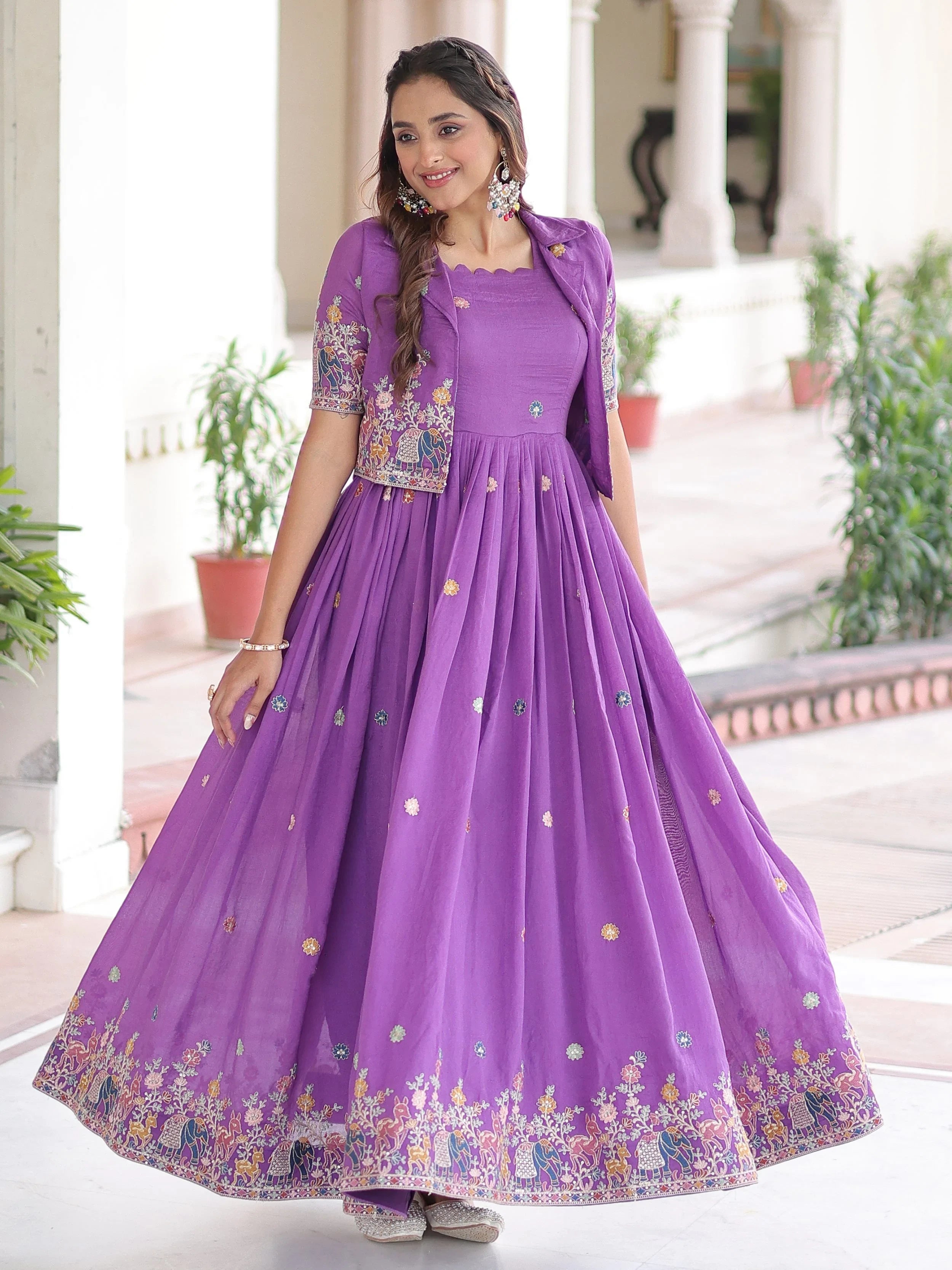 Purple Silk Embroidered Function Wear Gown With Koti