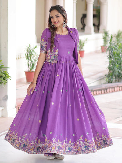 Purple Silk Embroidered Function Wear Gown With Koti