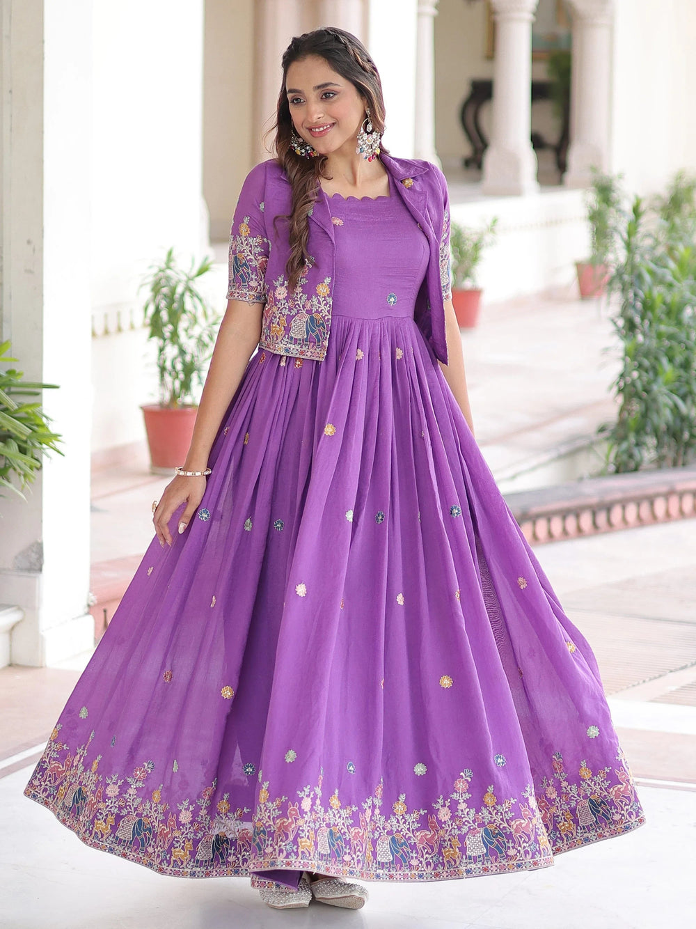 Purple Silk Embroidered Function Wear Gown With Koti