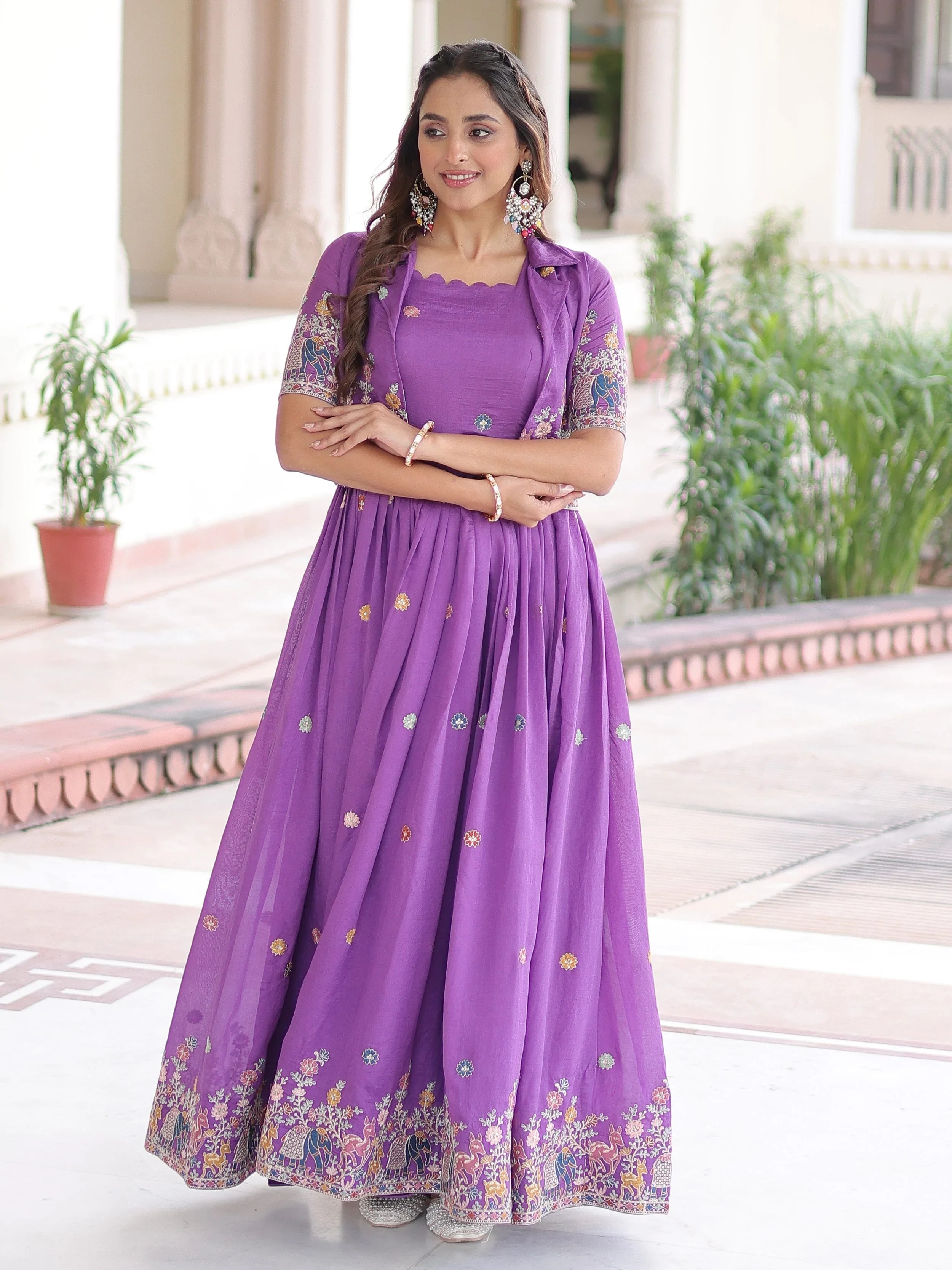 Purple Silk Embroidered Function Wear Gown With Koti