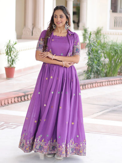 Purple Silk Embroidered Function Wear Gown With Koti