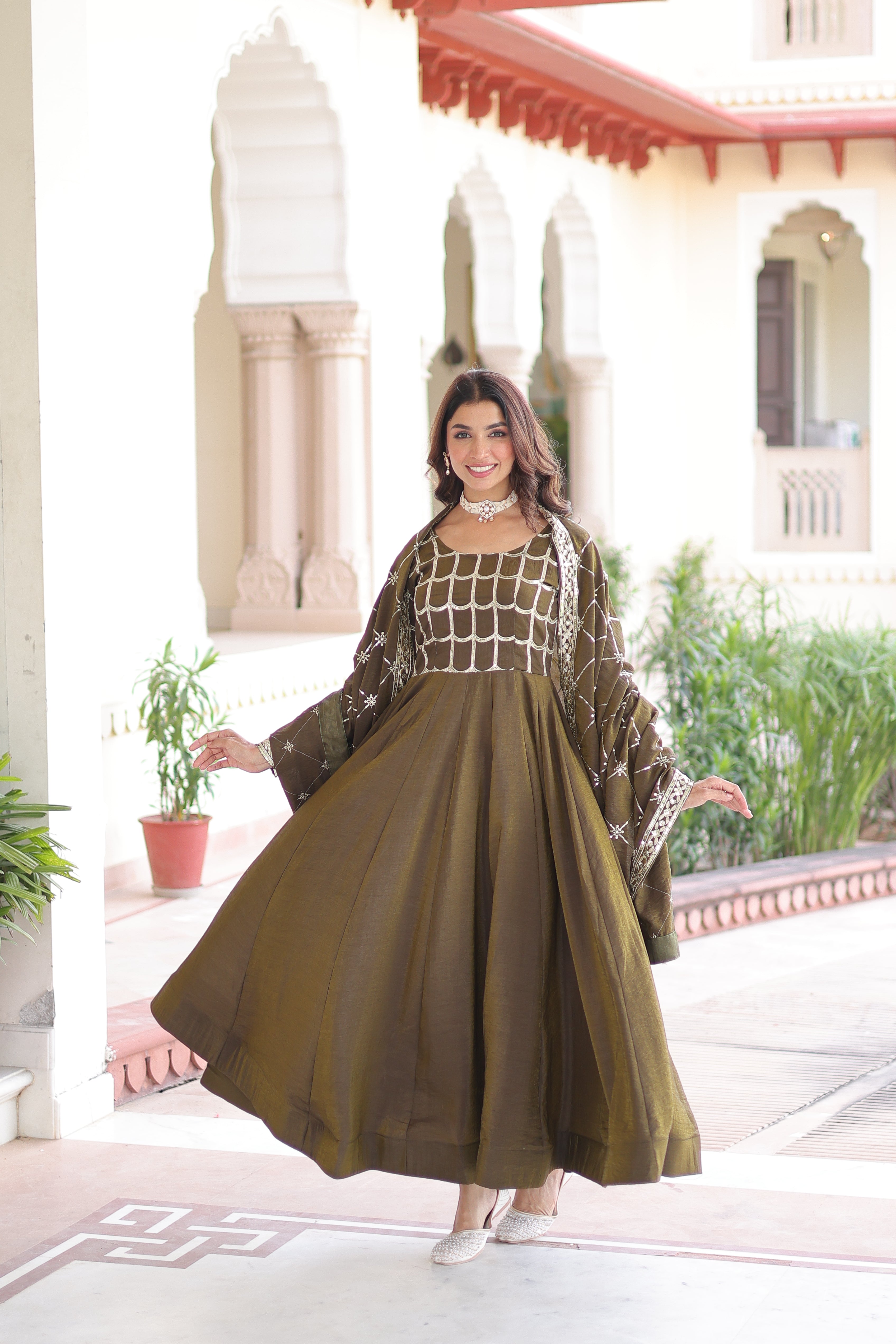 Silk Zari Embroidered Festival Wear Gown With Dupatta