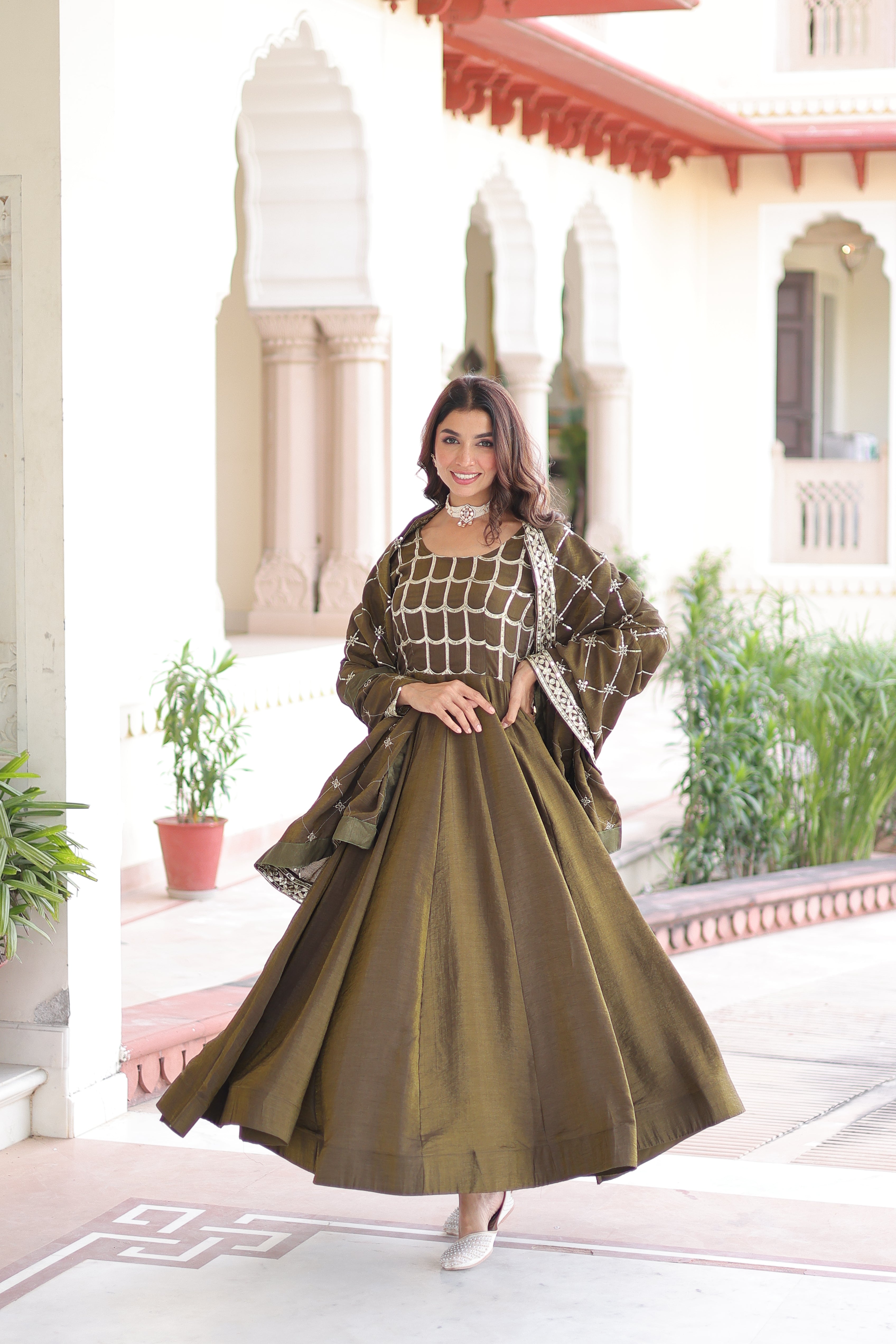 Silk Zari Embroidered Festival Wear Gown With Dupatta