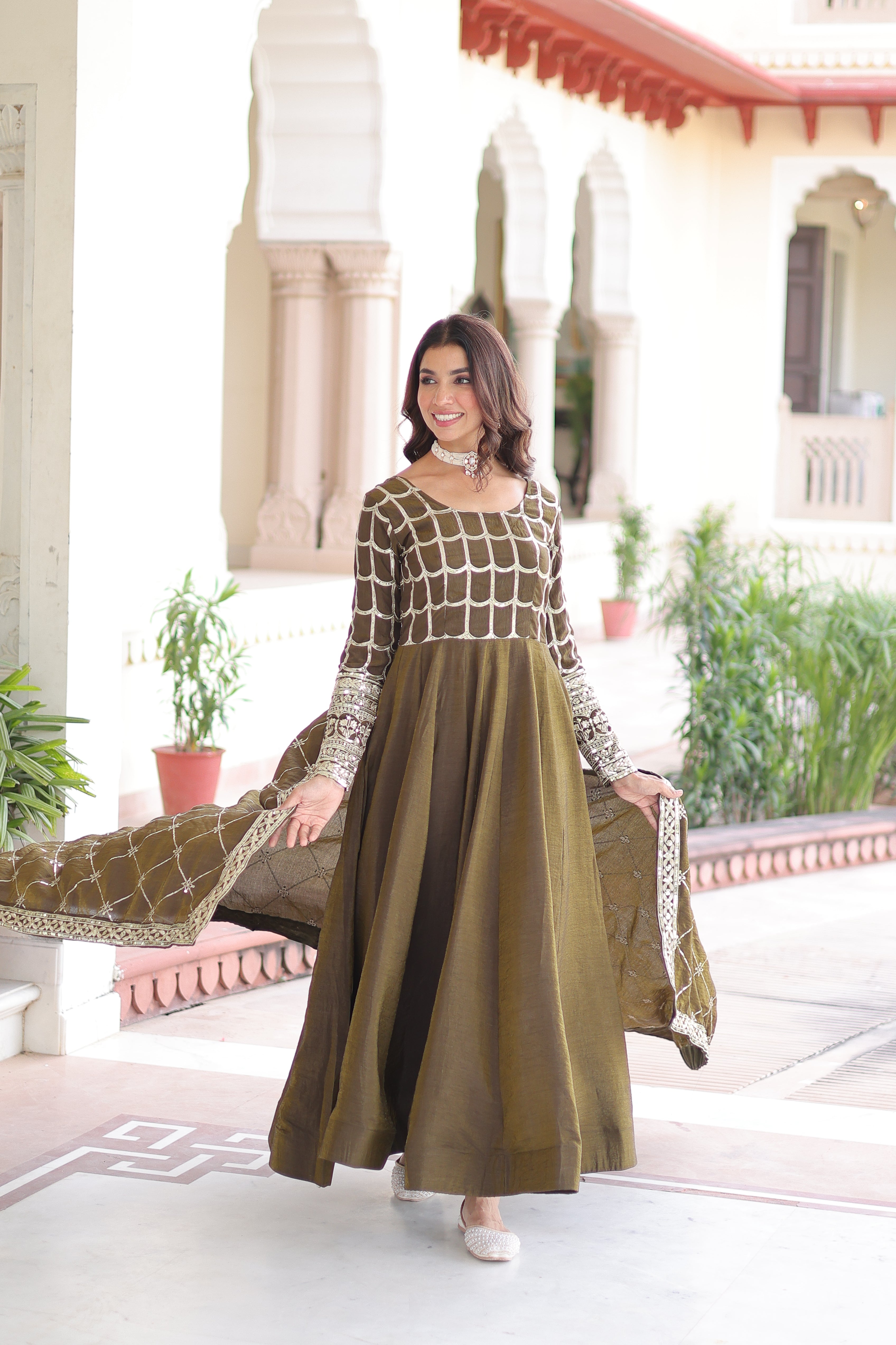 Silk Zari Embroidered Festival Wear Gown With Dupatta