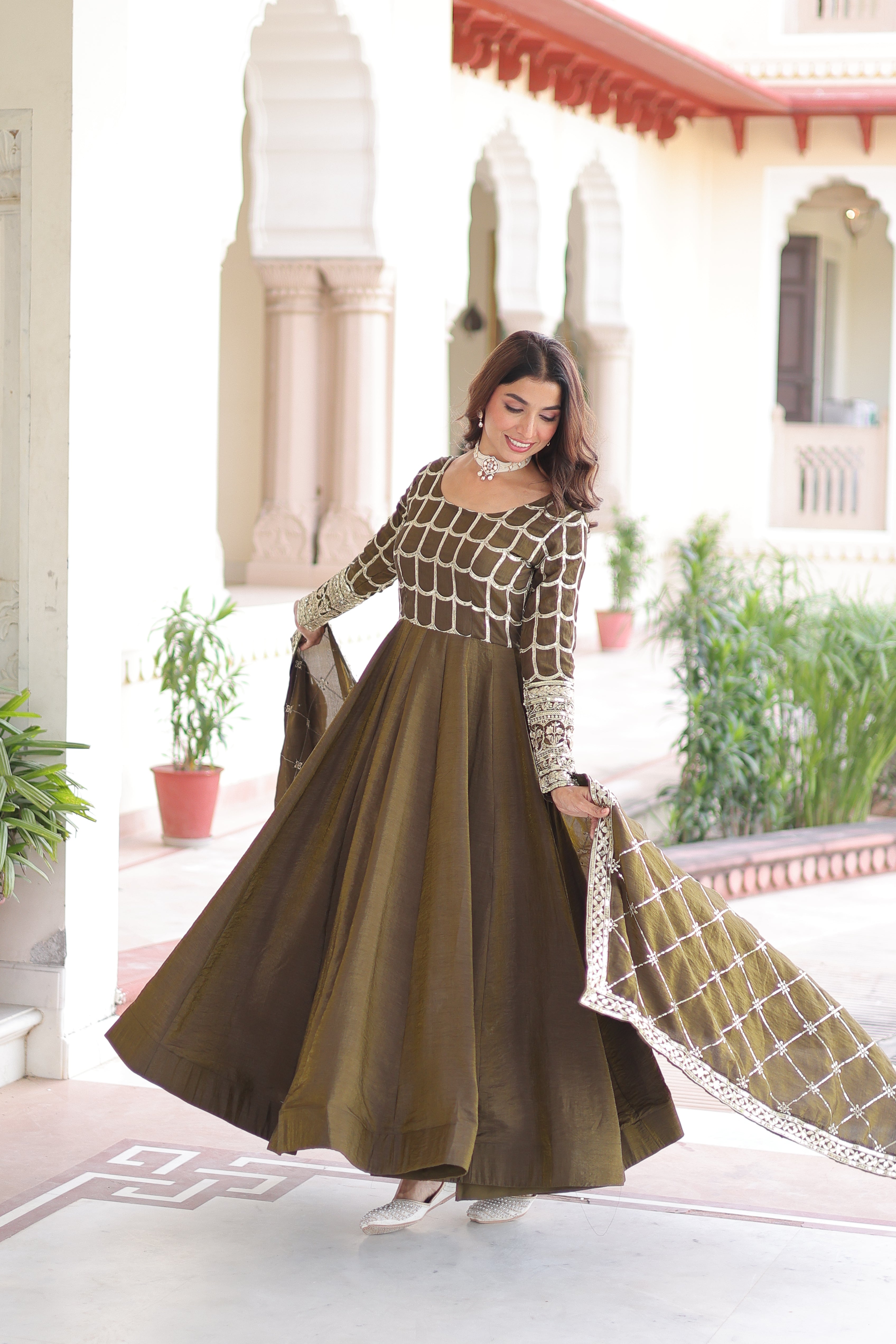 Silk Zari Embroidered Festival Wear Gown With Dupatta