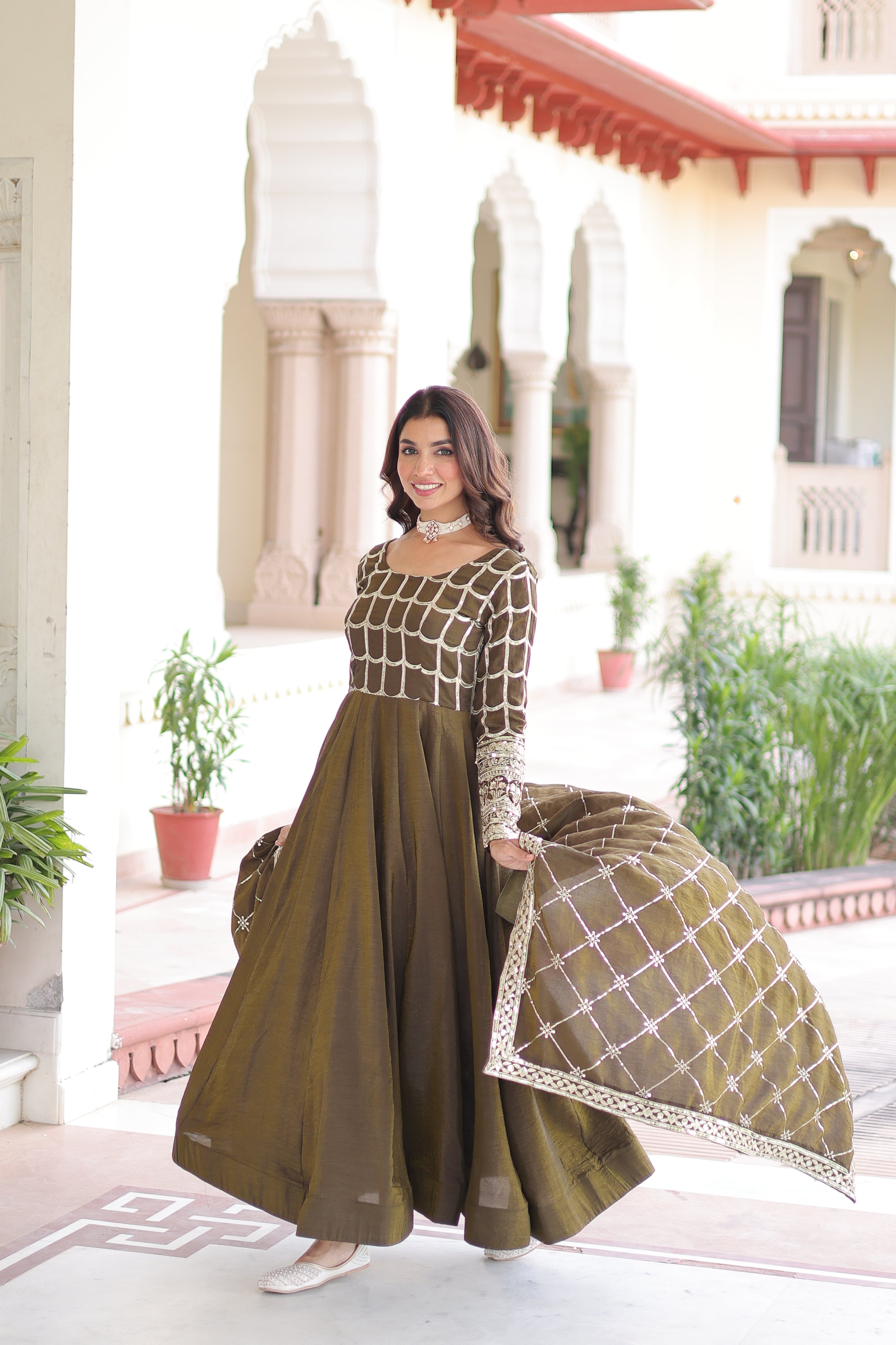 Silk Zari Embroidered Festival Wear Gown With Dupatta
