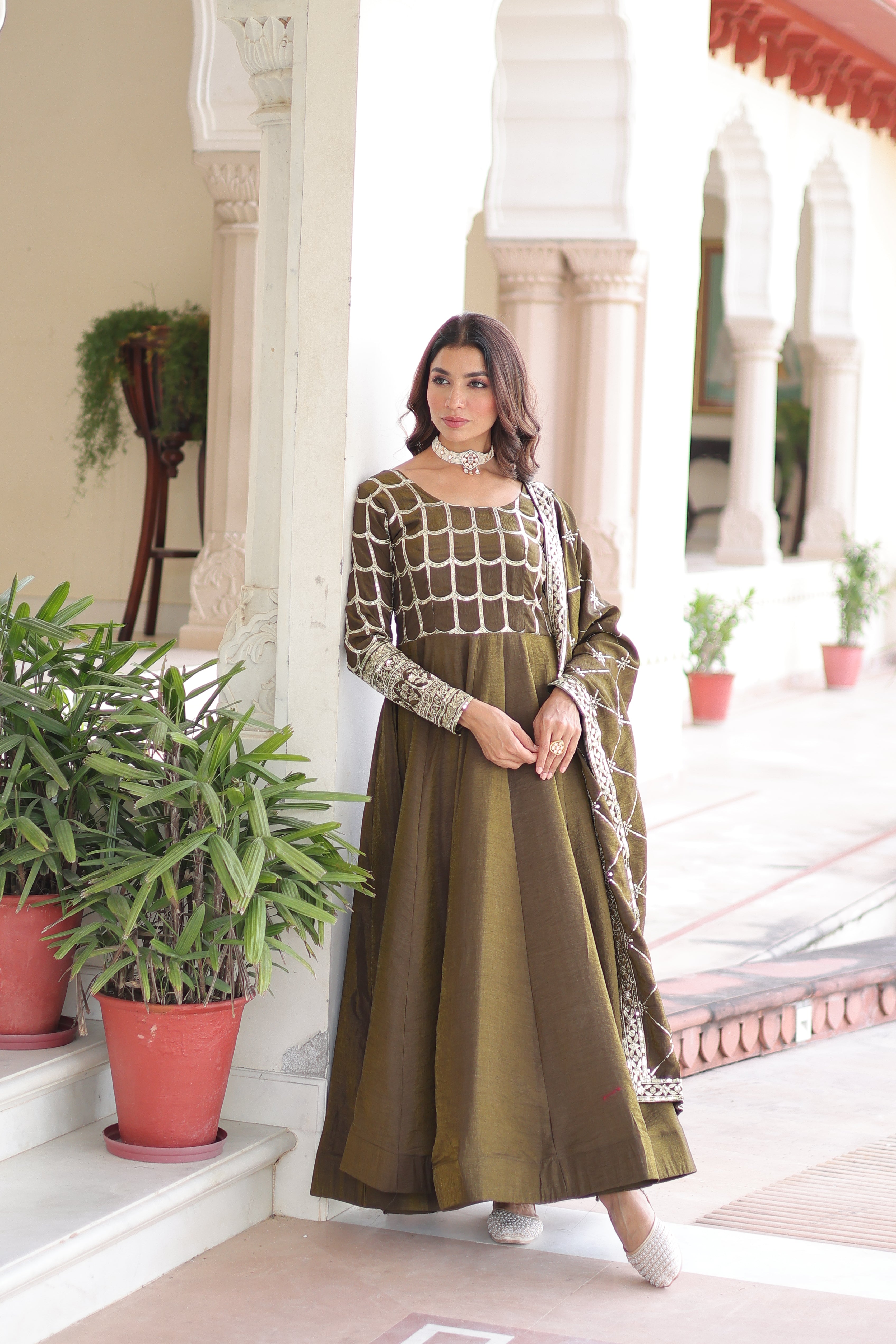 Silk Zari Embroidered Festival Wear Gown With Dupatta