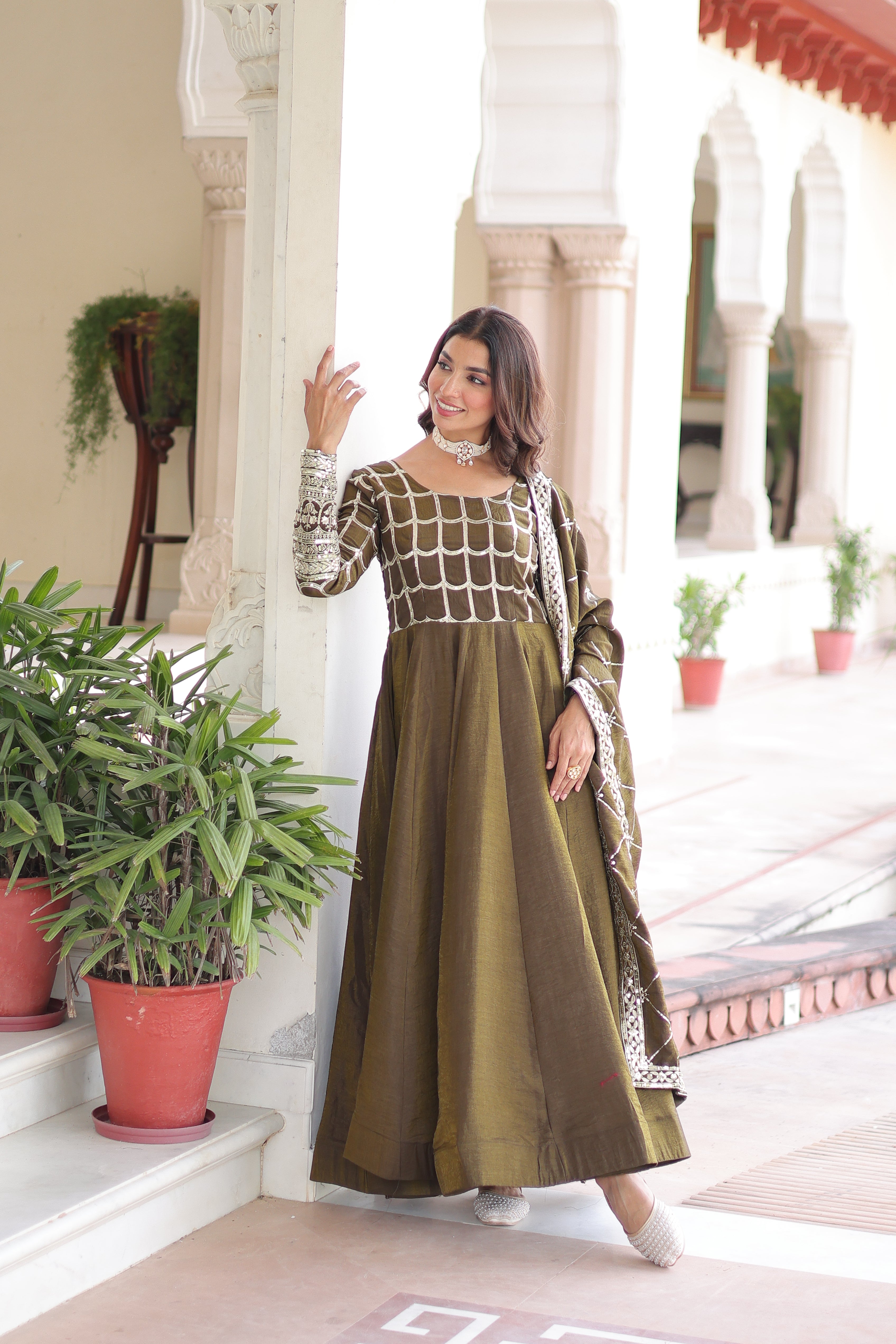 Silk Zari Embroidered Festival Wear Gown With Dupatta