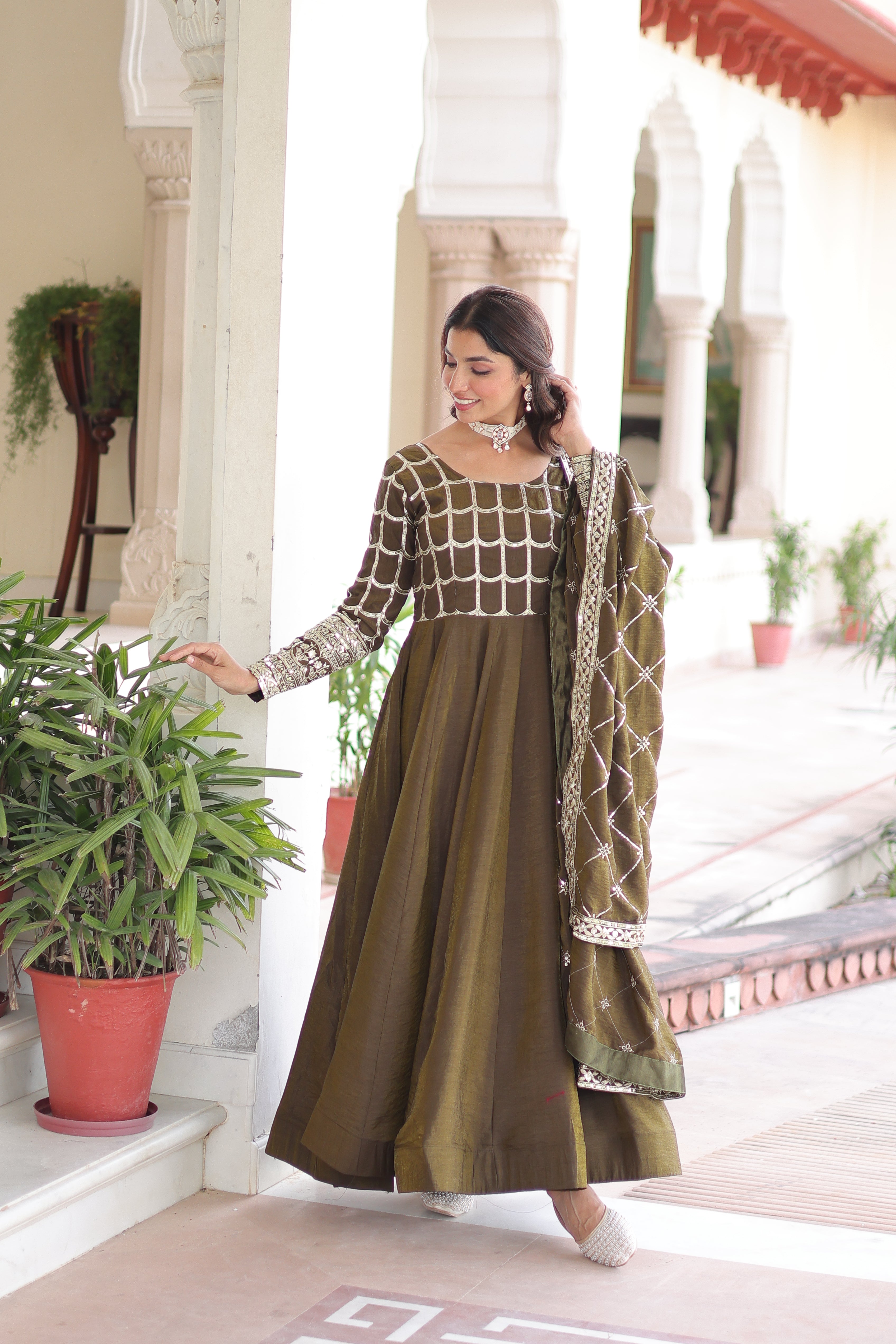 Silk Zari Embroidered Festival Wear Gown With Dupatta