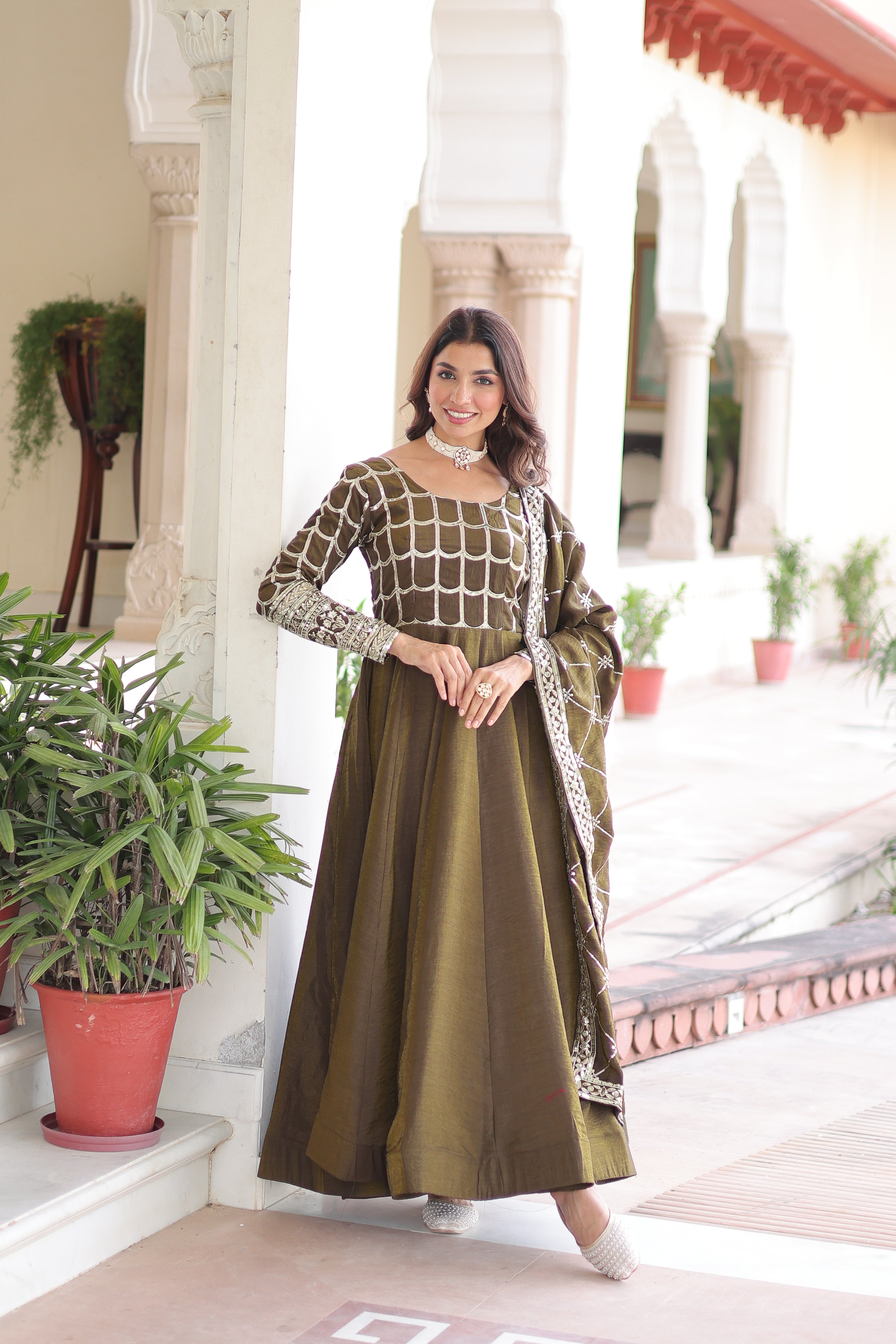 Silk Zari Embroidered Festival Wear Gown With Dupatta