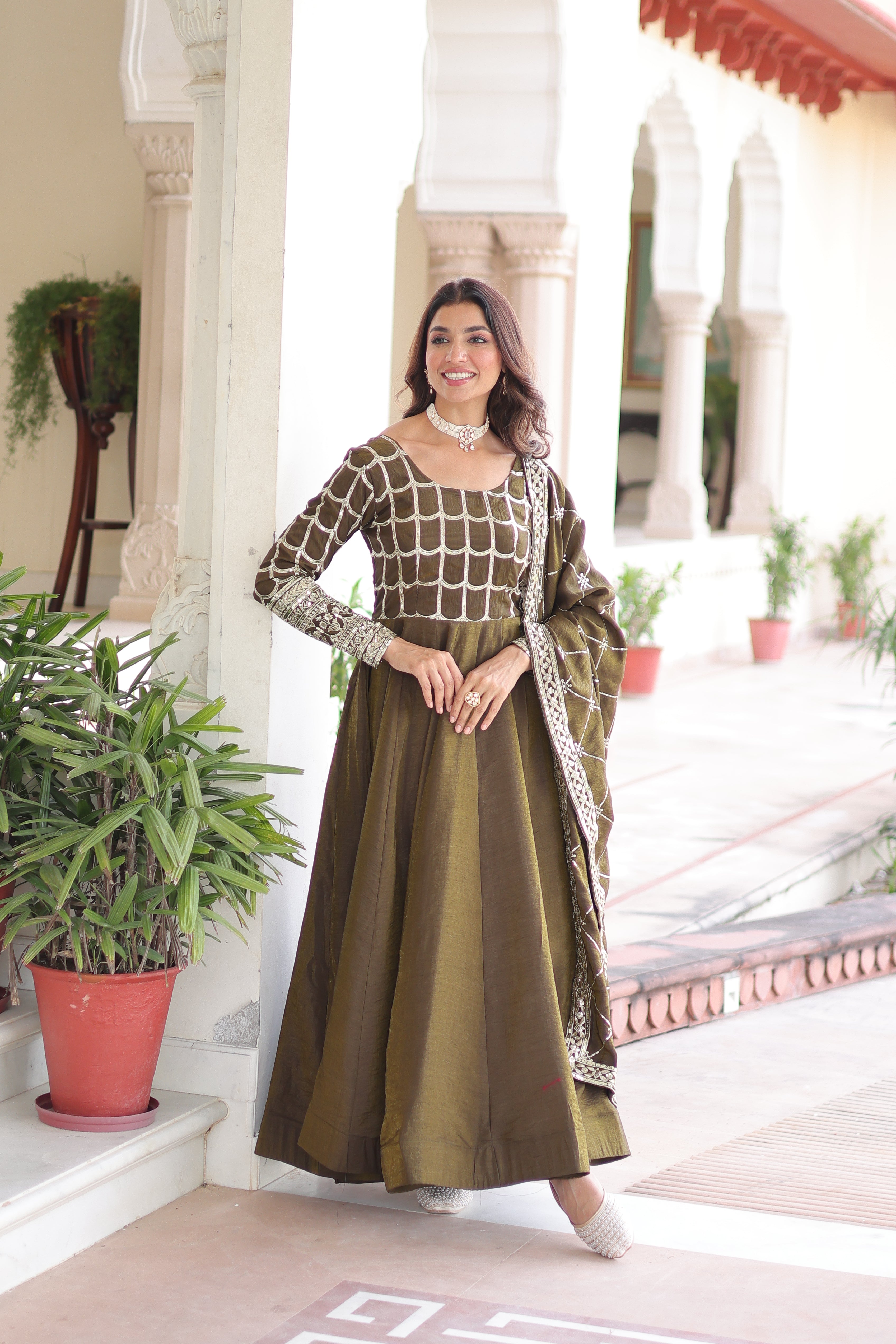Silk Zari Embroidered Festival Wear Gown With Dupatta