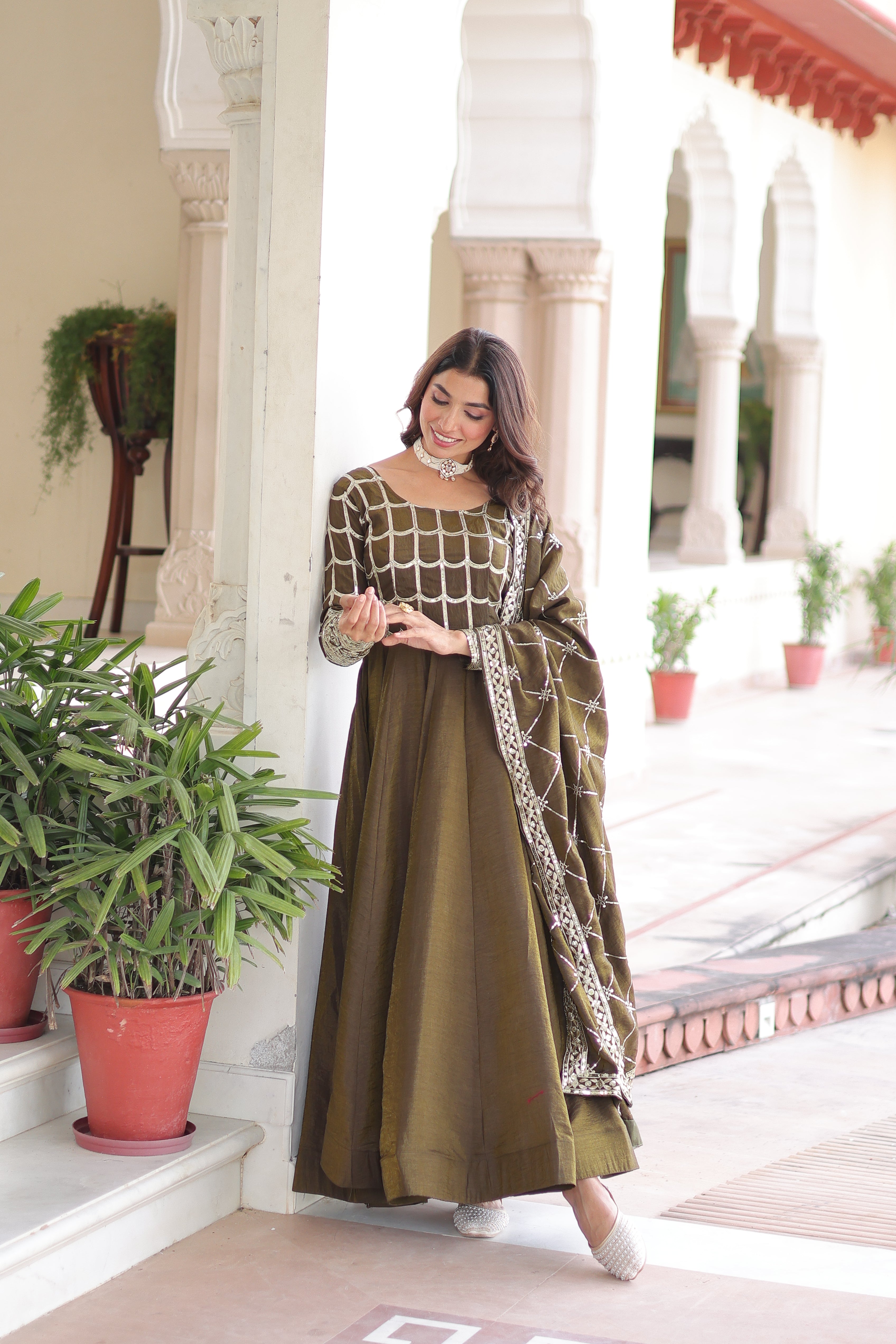 Silk Zari Embroidered Festival Wear Gown With Dupatta