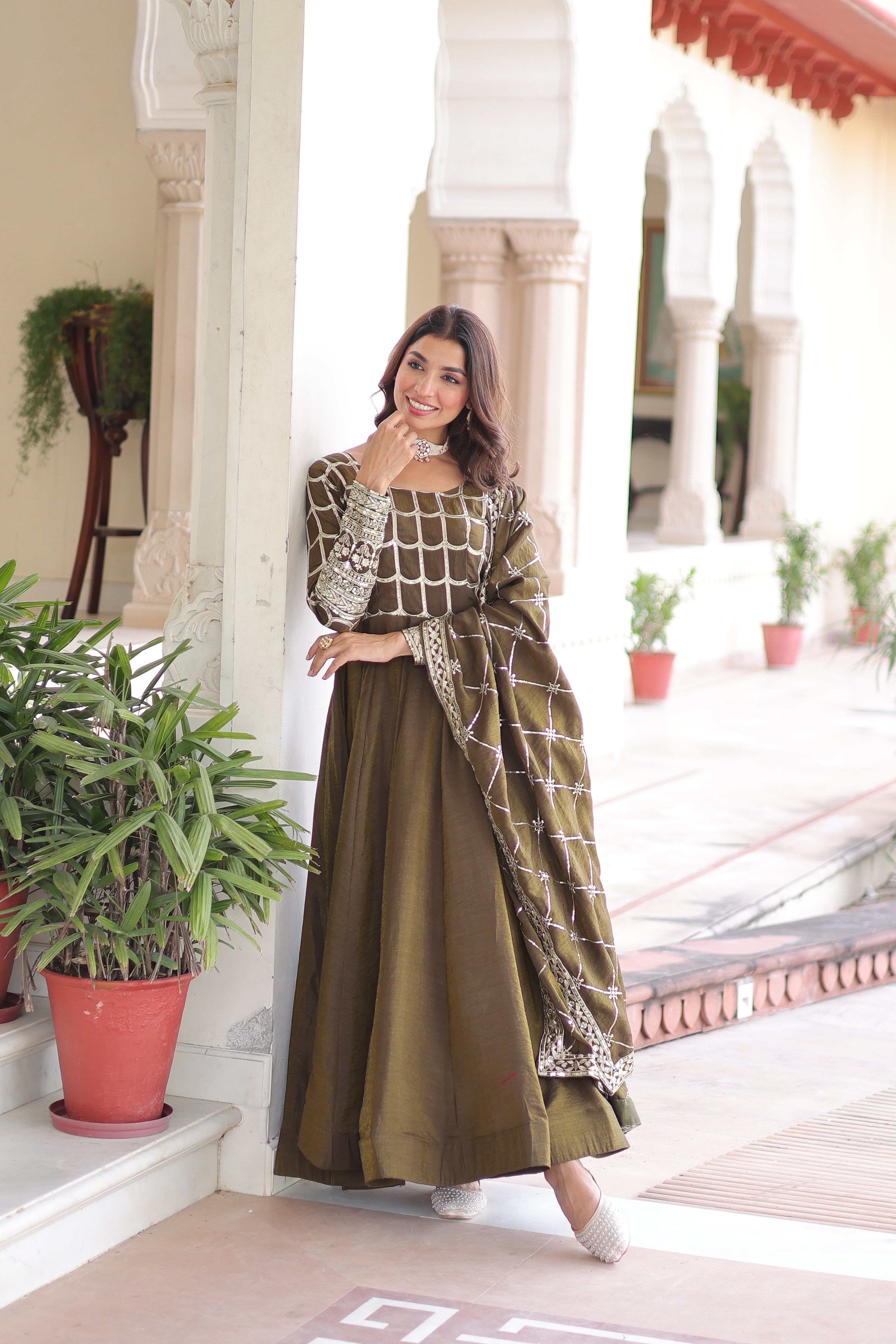 Silk Zari Embroidered Festival Wear Gown With Dupatta