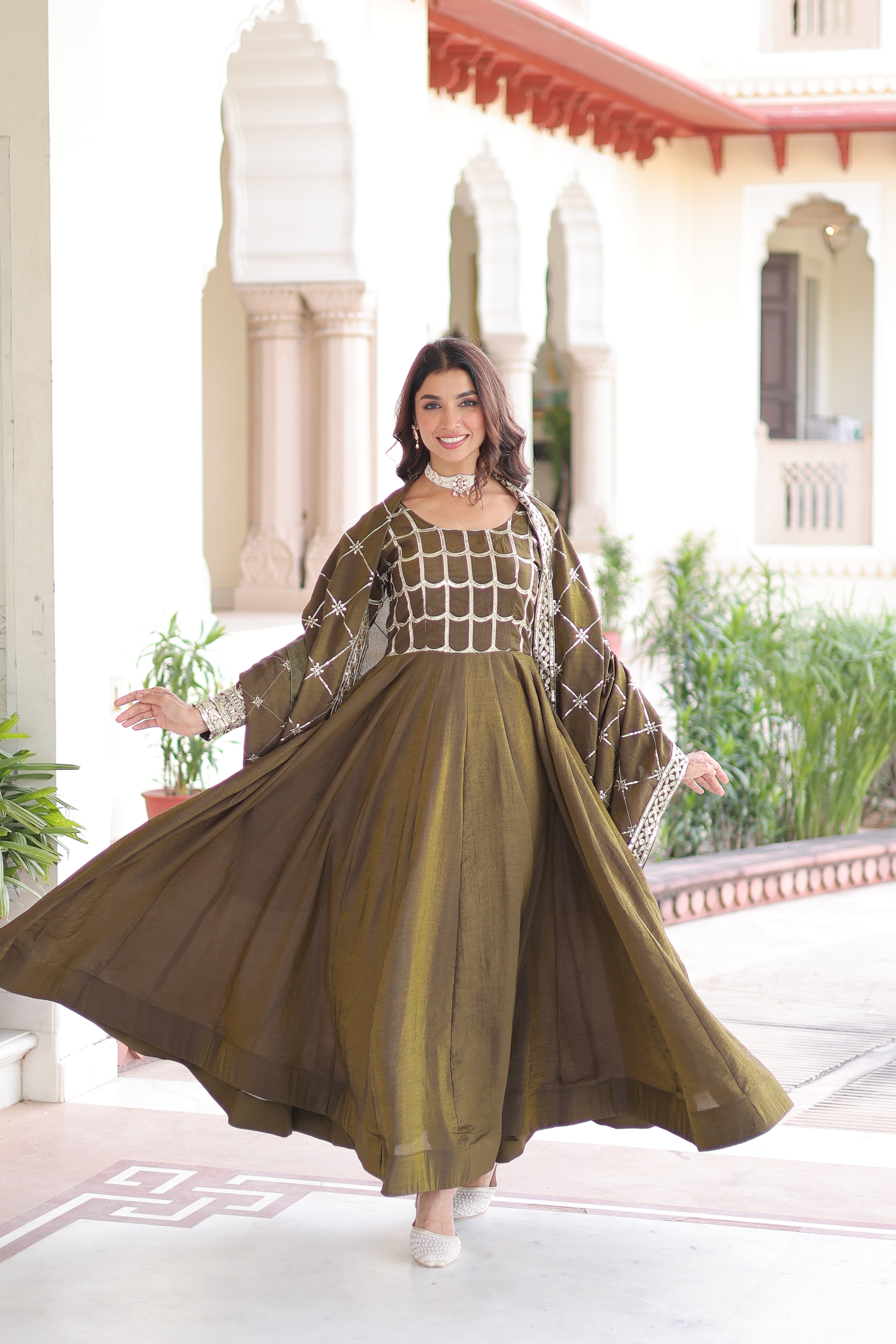 Silk Zari Embroidered Festival Wear Gown With Dupatta