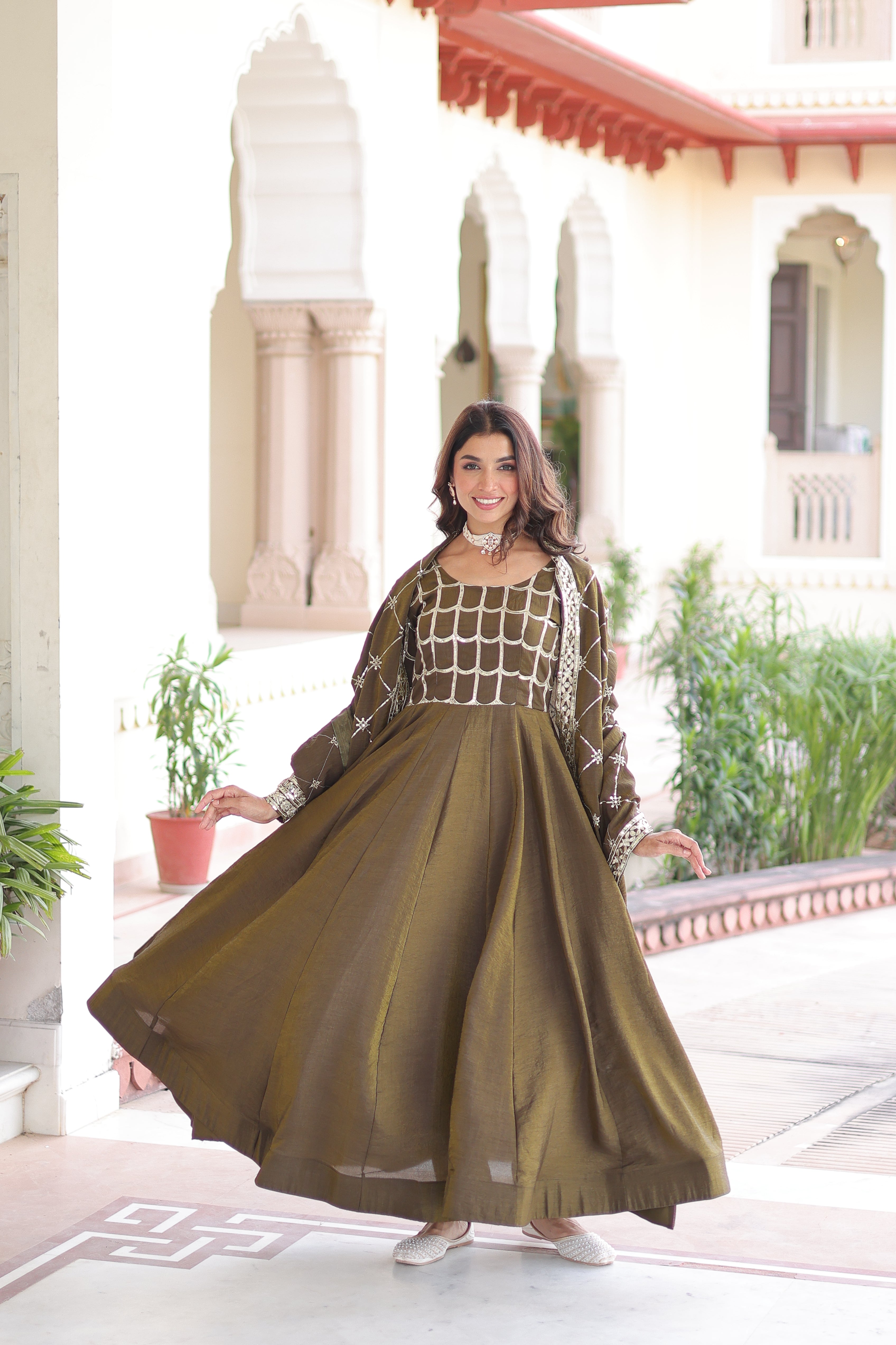 Silk Zari Embroidered Festival Wear Gown With Dupatta