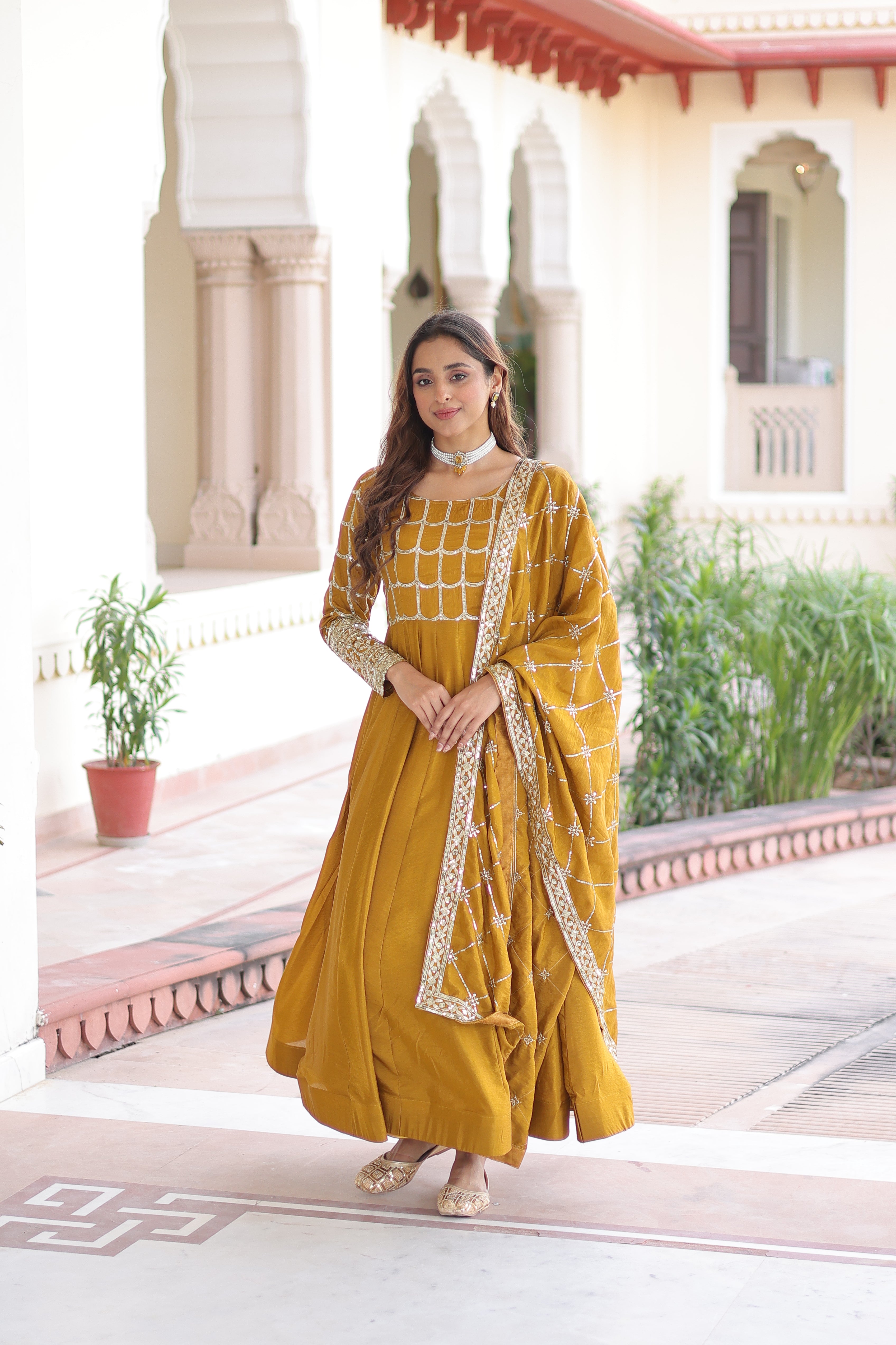 Silk Zari Embroidered Festival Wear Gown With Dupatta