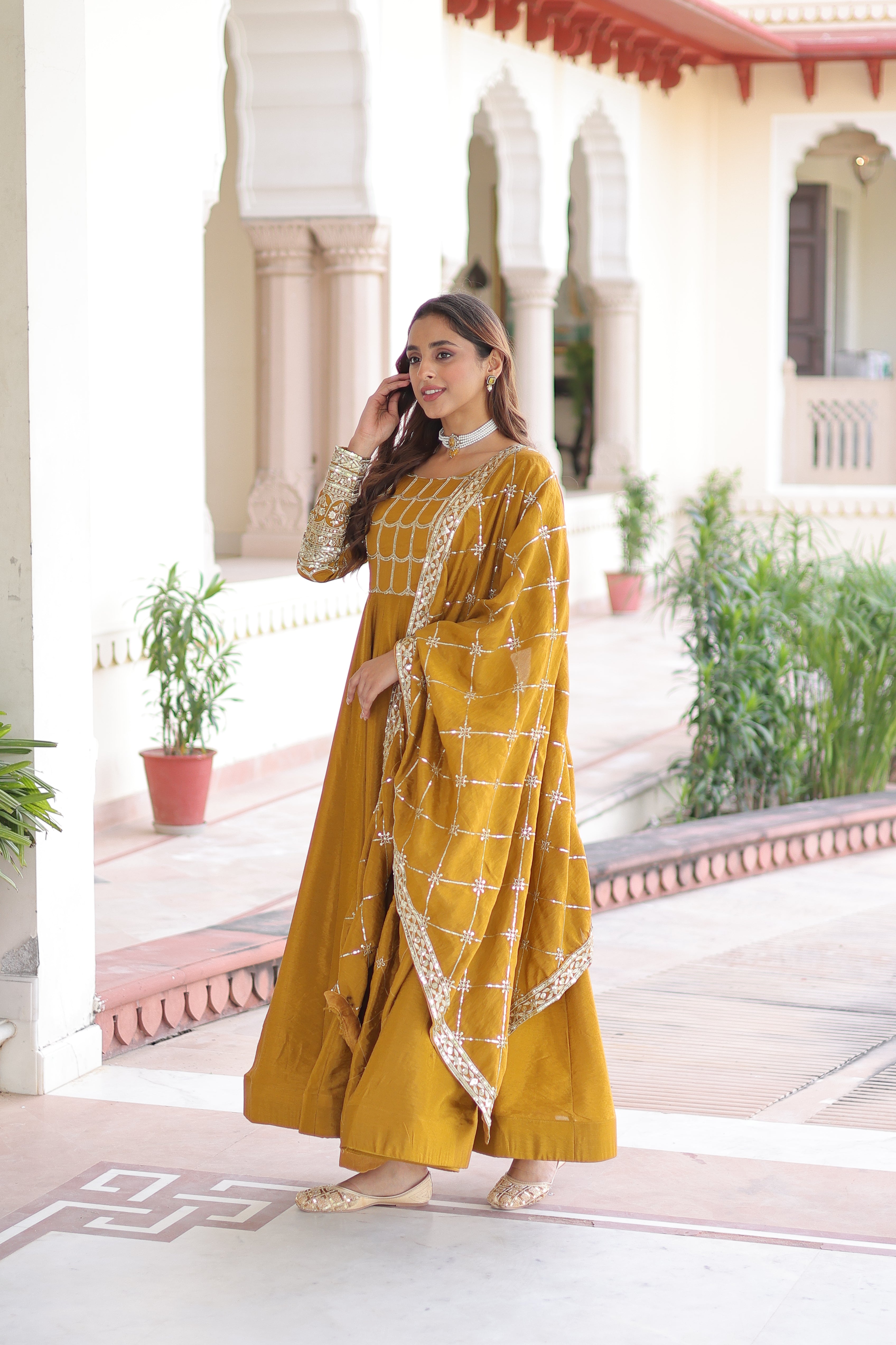 Silk Zari Embroidered Festival Wear Gown With Dupatta