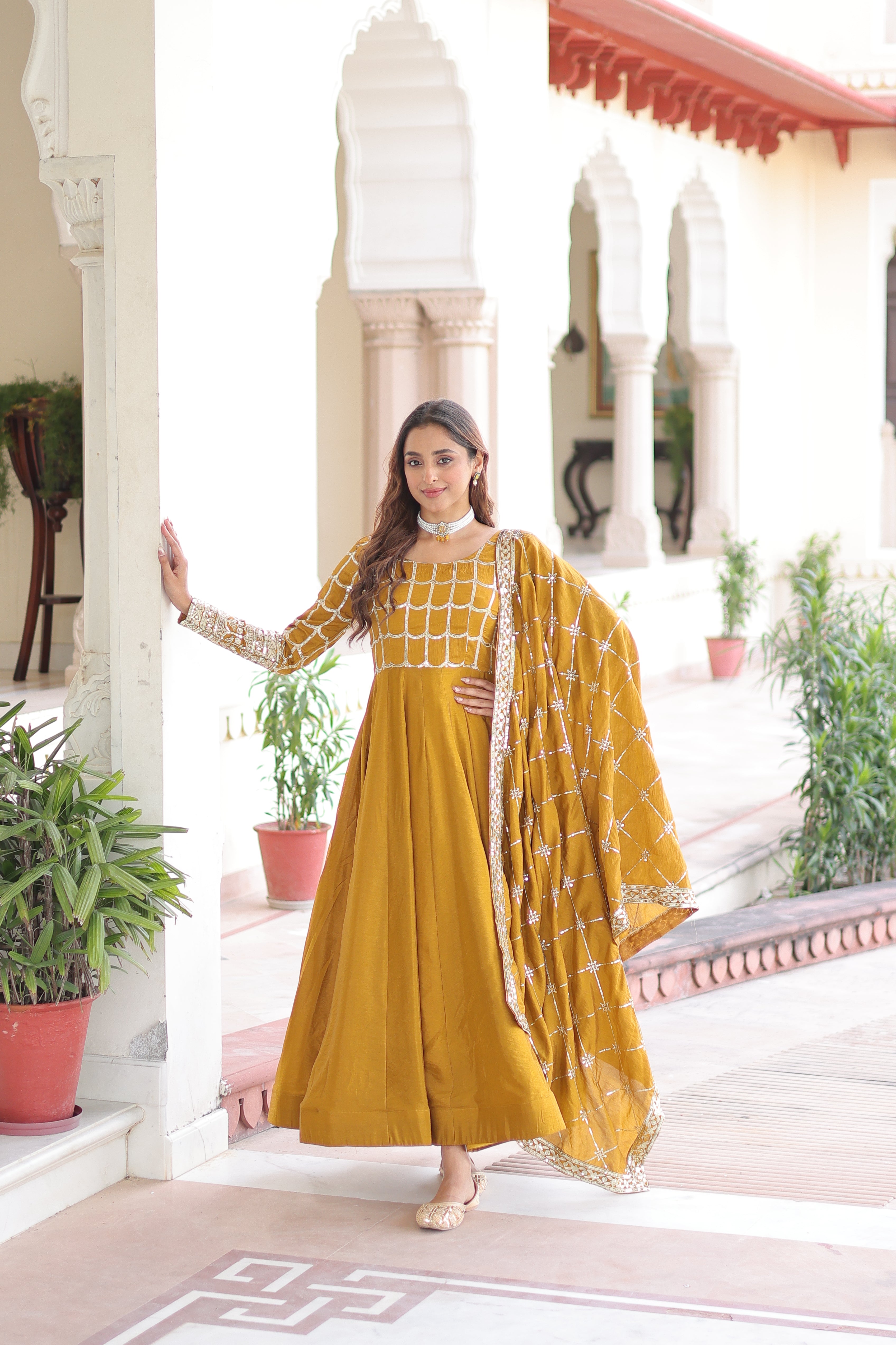 Silk Zari Embroidered Festival Wear Gown With Dupatta
