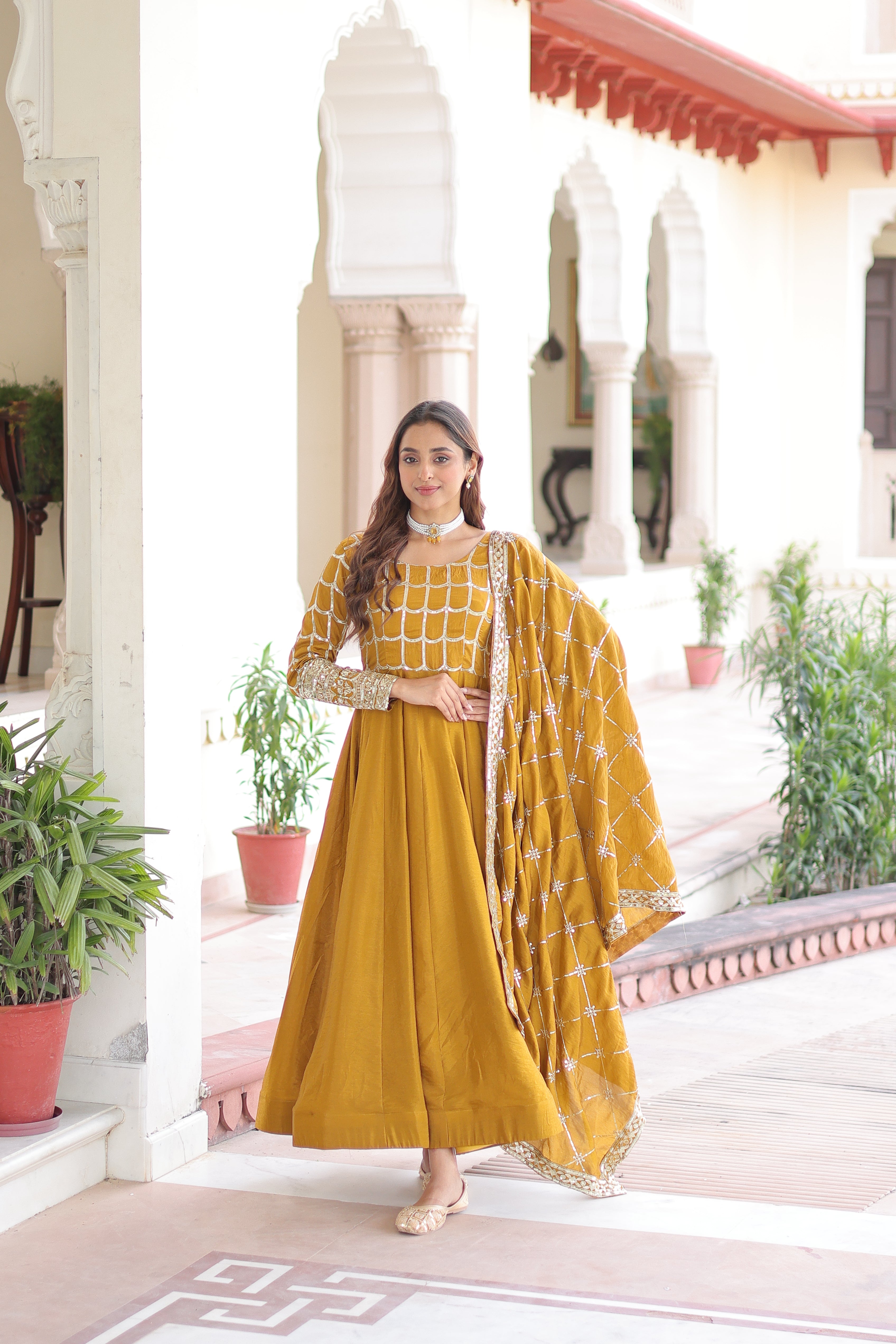 Silk Zari Embroidered Festival Wear Gown With Dupatta