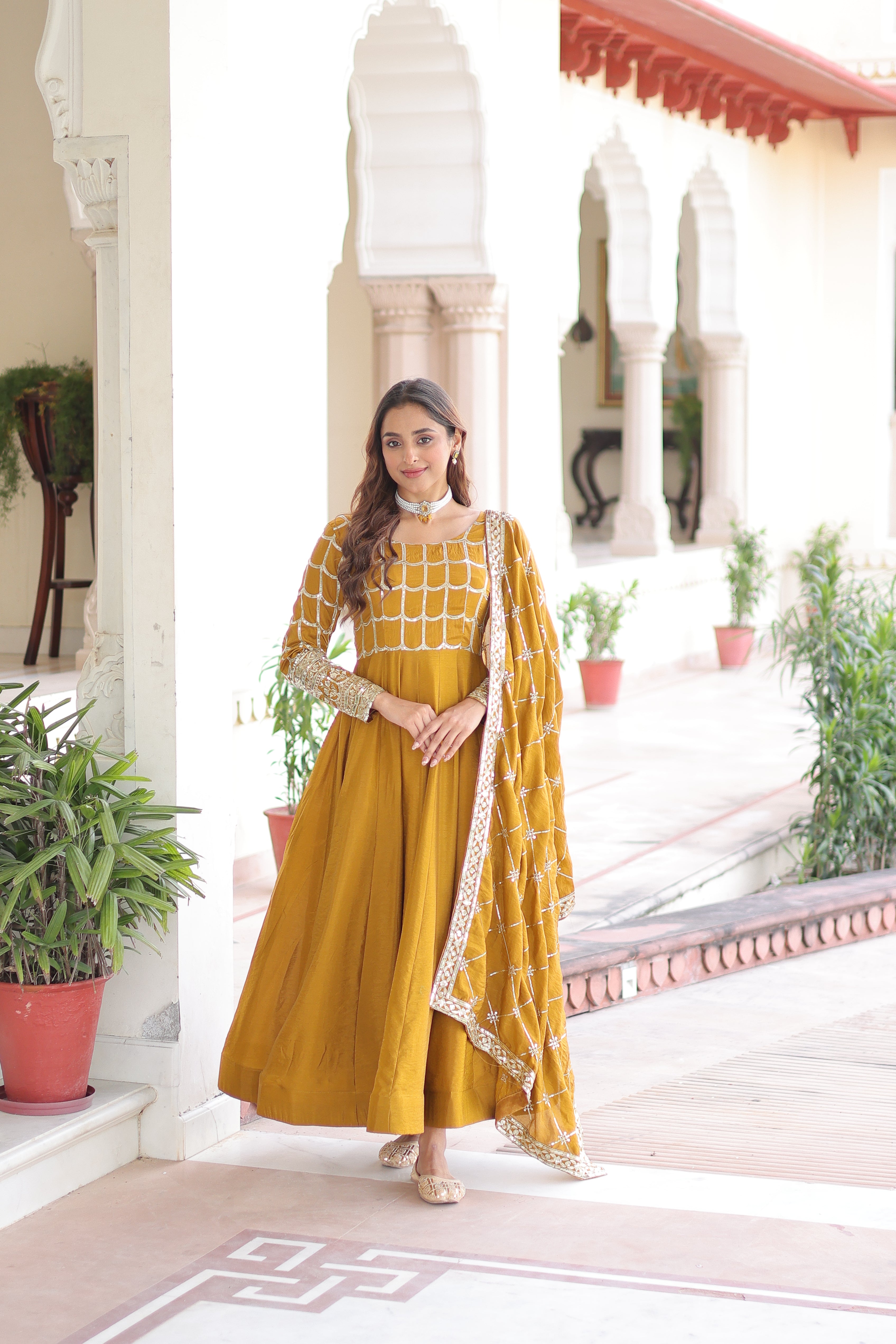 Silk Zari Embroidered Festival Wear Gown With Dupatta