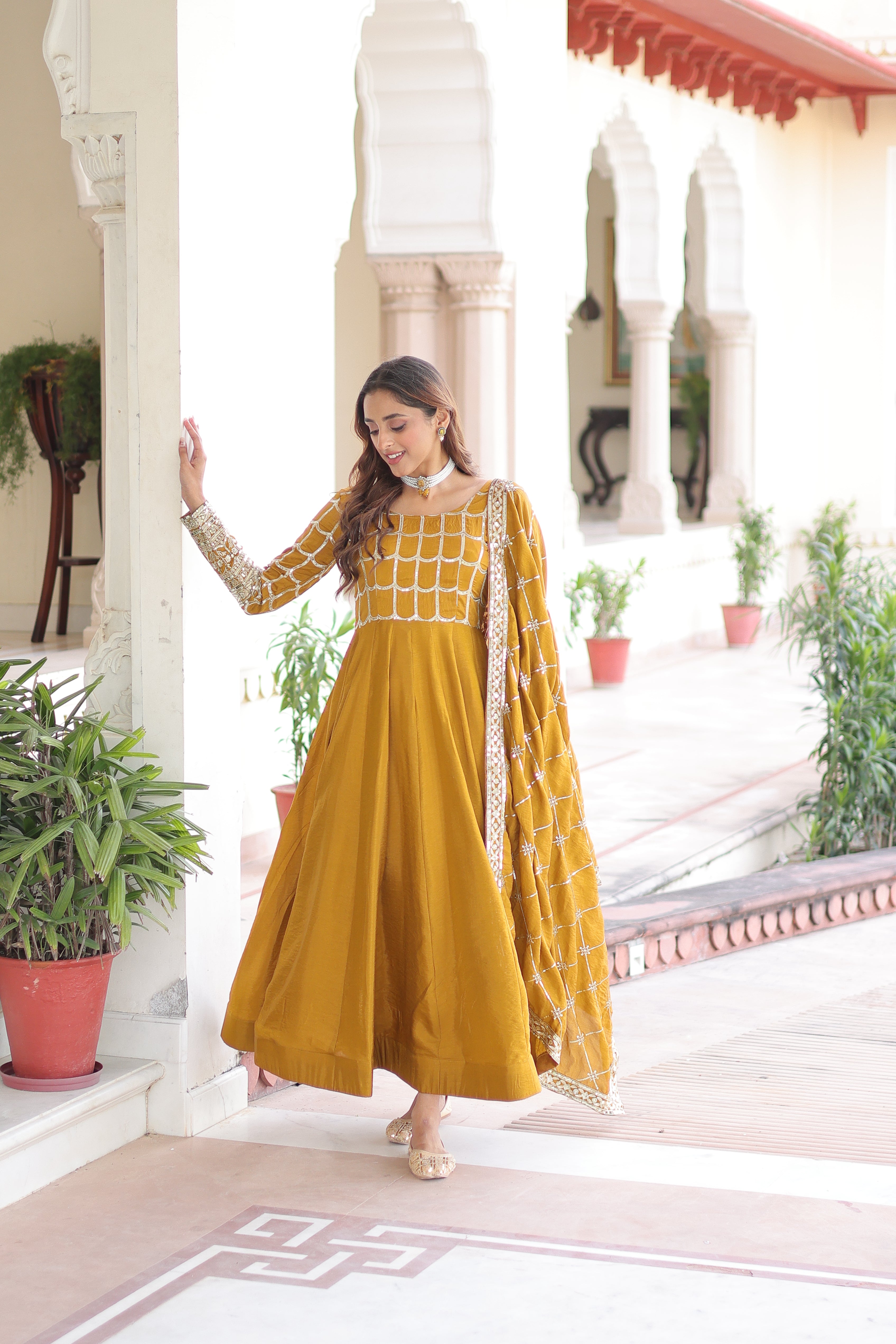Silk Zari Embroidered Festival Wear Gown With Dupatta