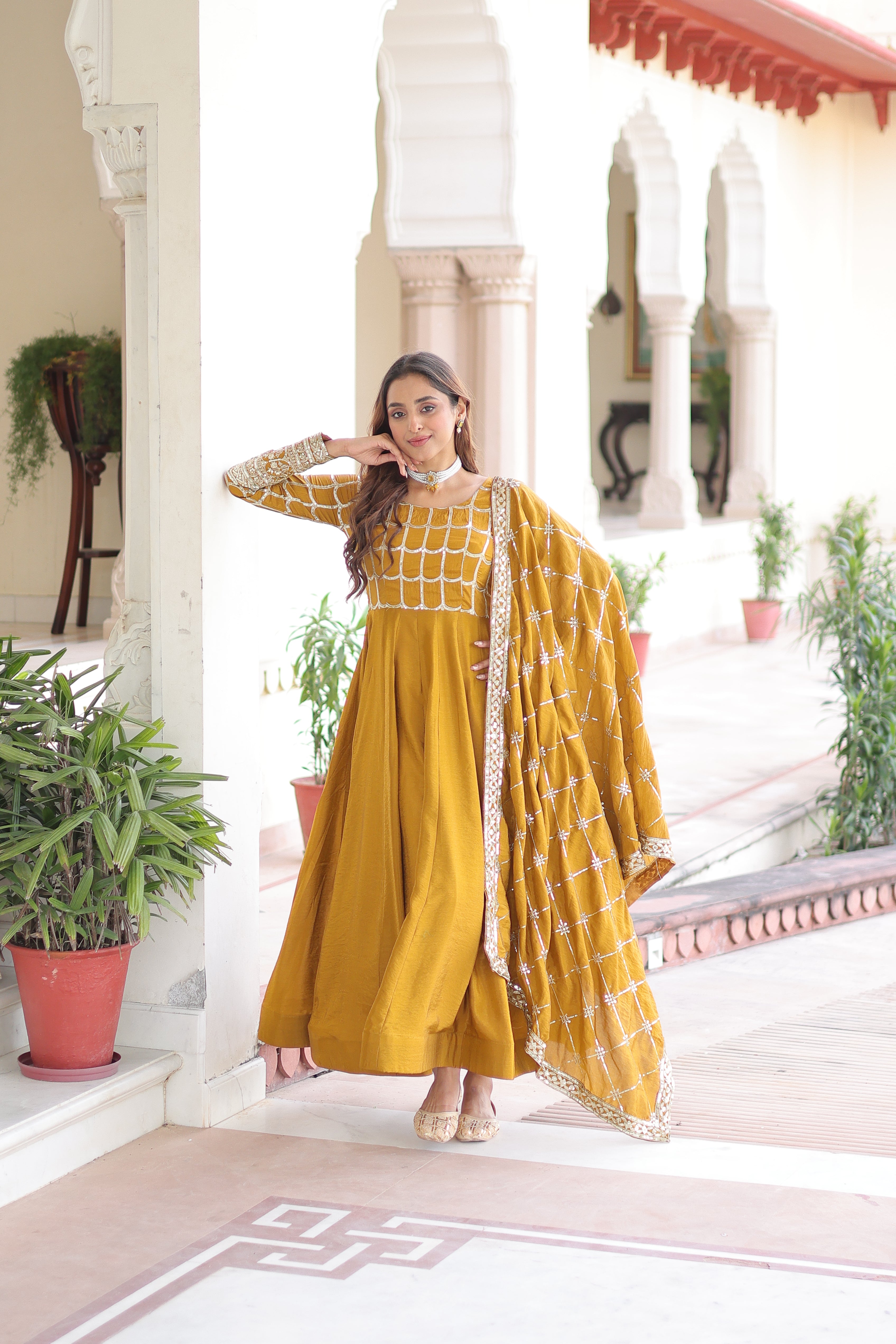 Silk Zari Embroidered Festival Wear Gown With Dupatta