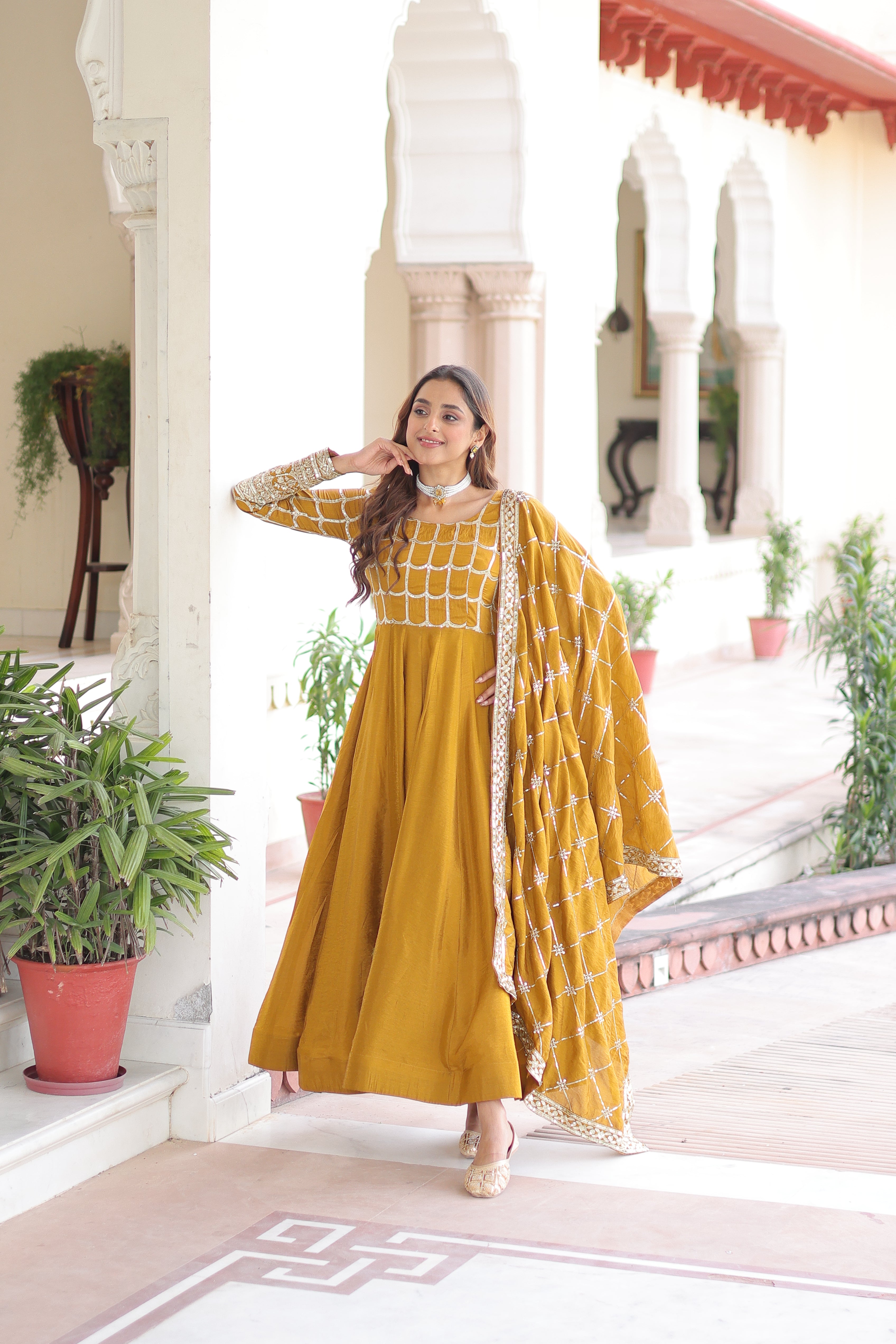 Silk Zari Embroidered Festival Wear Gown With Dupatta