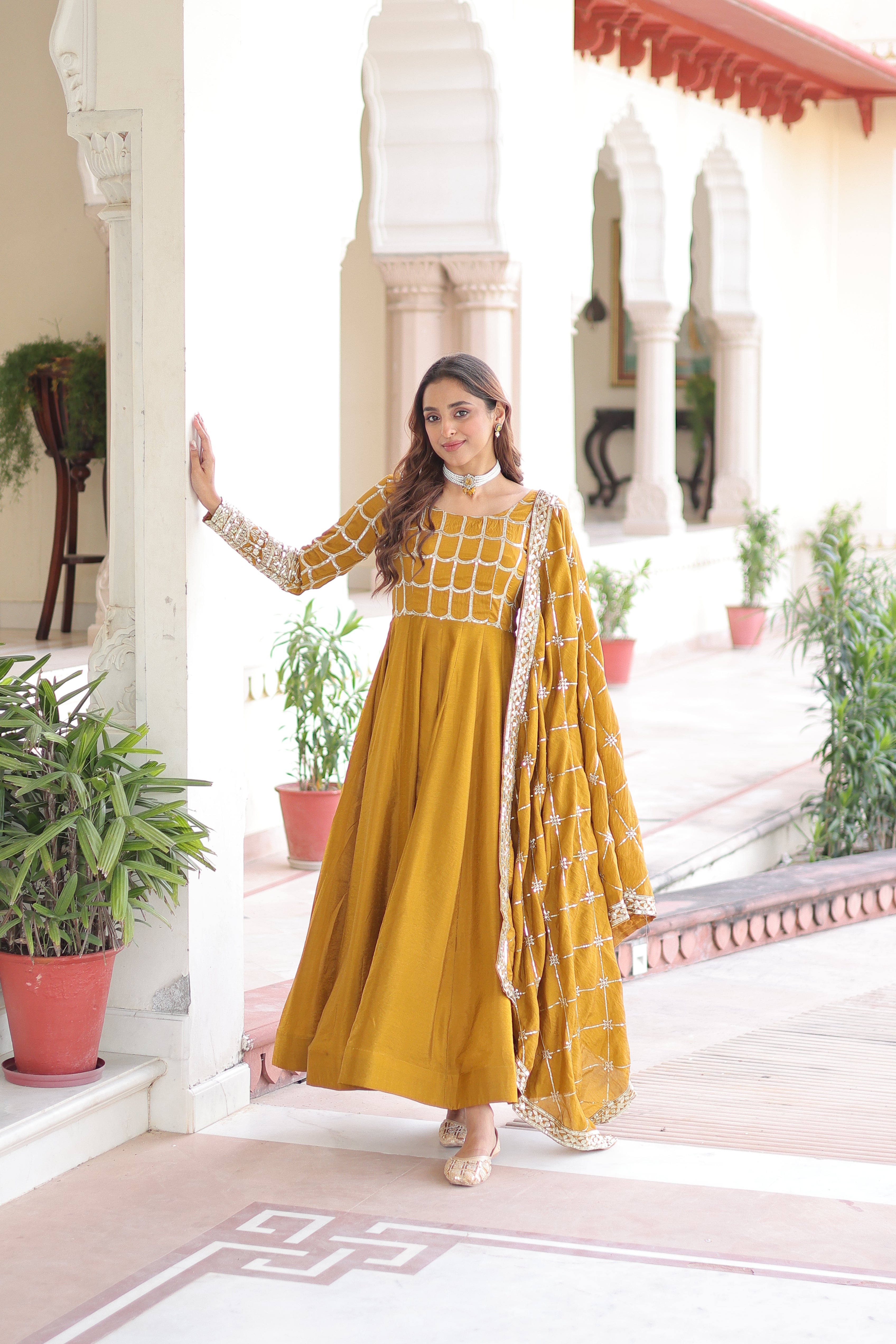 Silk Zari Embroidered Festival Wear Gown With Dupatta
