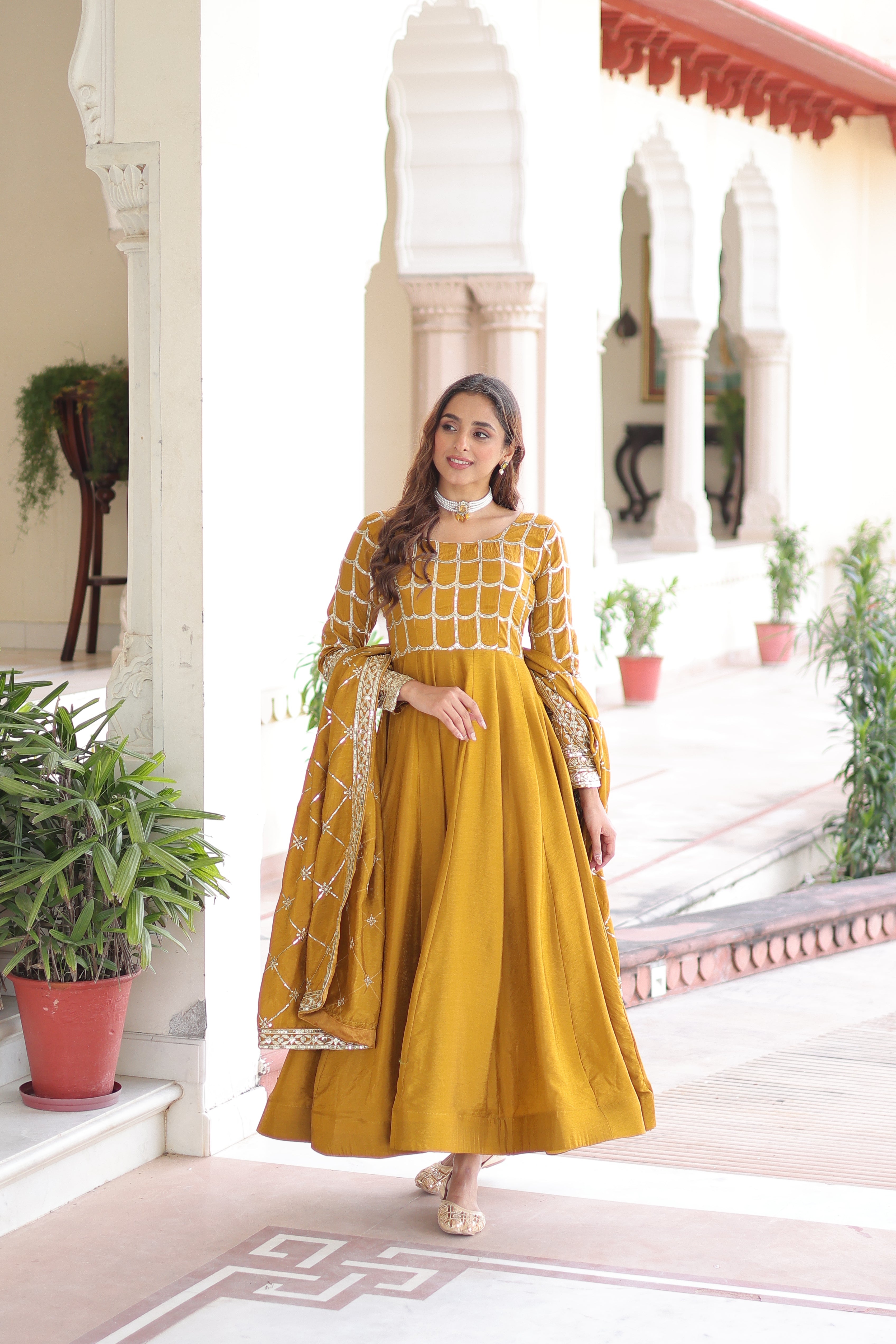 Silk Zari Embroidered Festival Wear Gown With Dupatta
