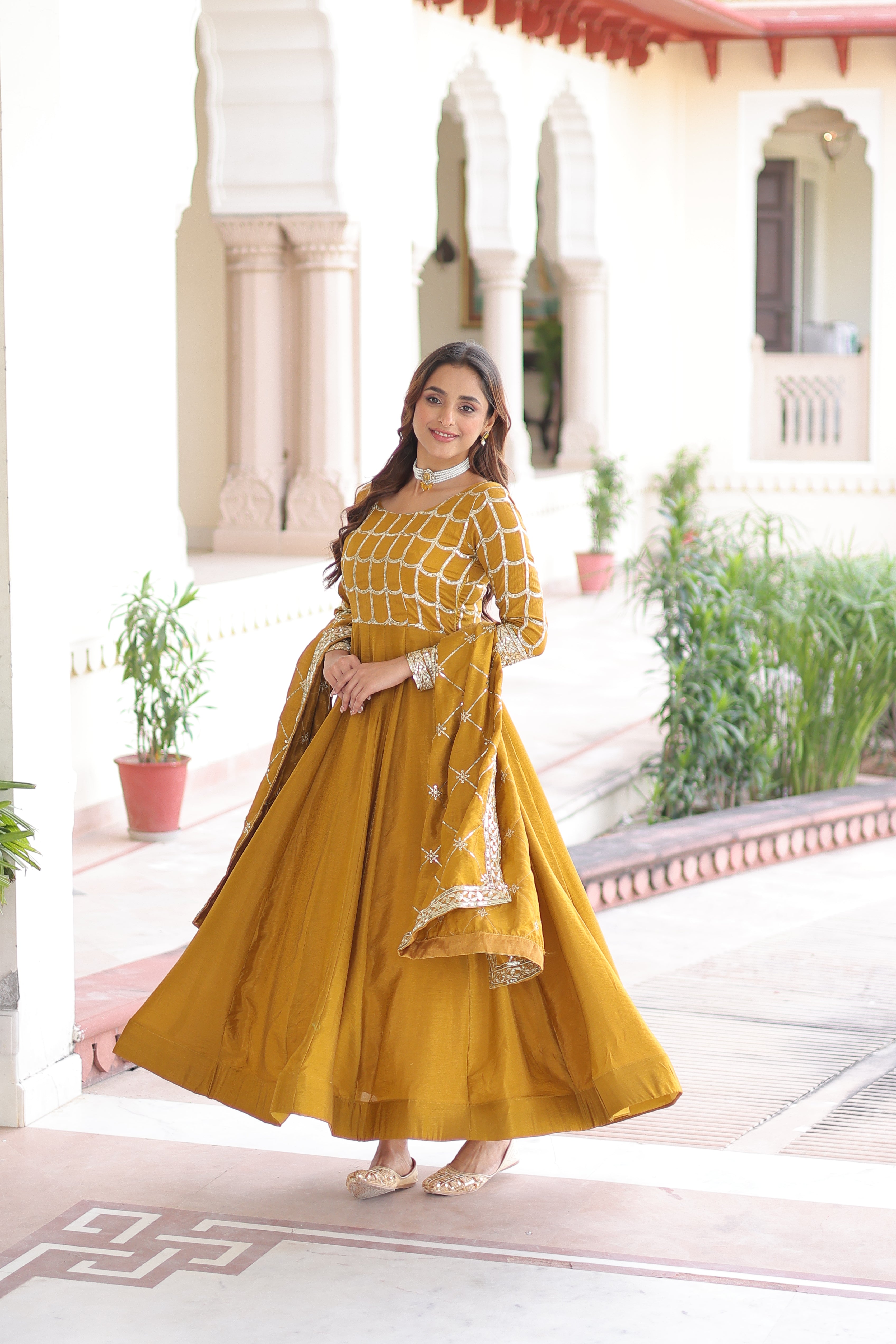 Silk Zari Embroidered Festival Wear Gown With Dupatta