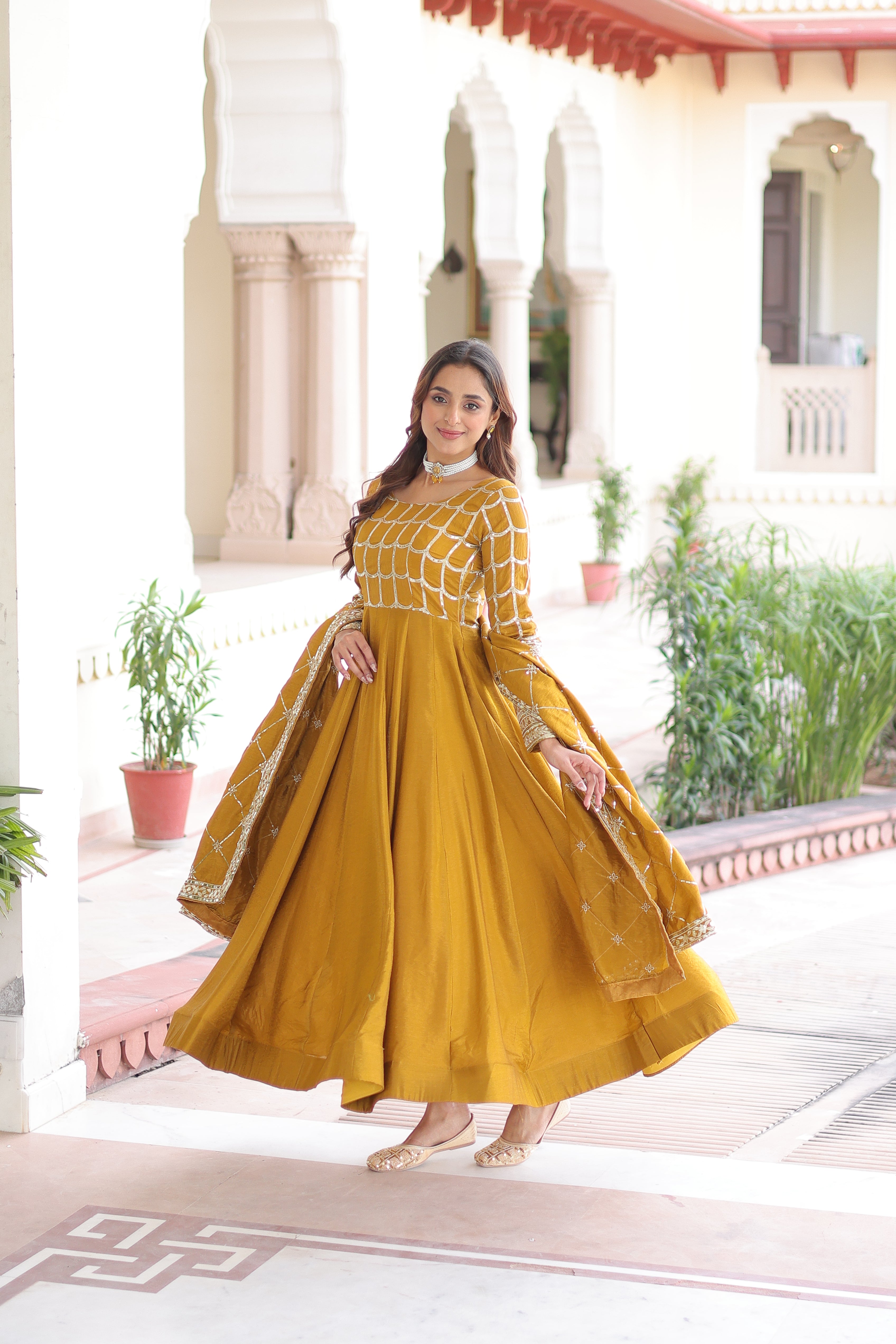 Silk Zari Embroidered Festival Wear Gown With Dupatta